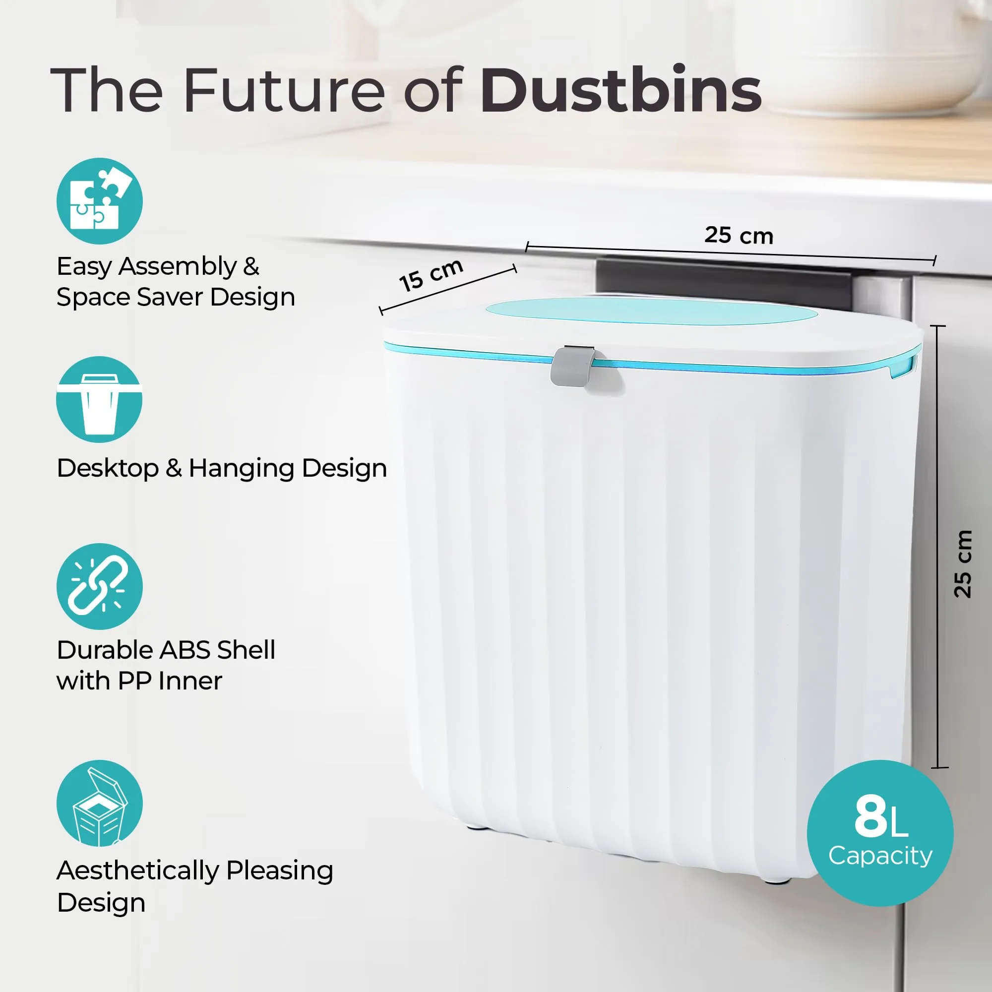 The Better Home 8L Hanging Dustbin With Lid | (25cm) Plastic Dustbin For Kitchen | Small Dustbin For Bathroom | Dustbin For Bedroom & Office | Light Blue & White