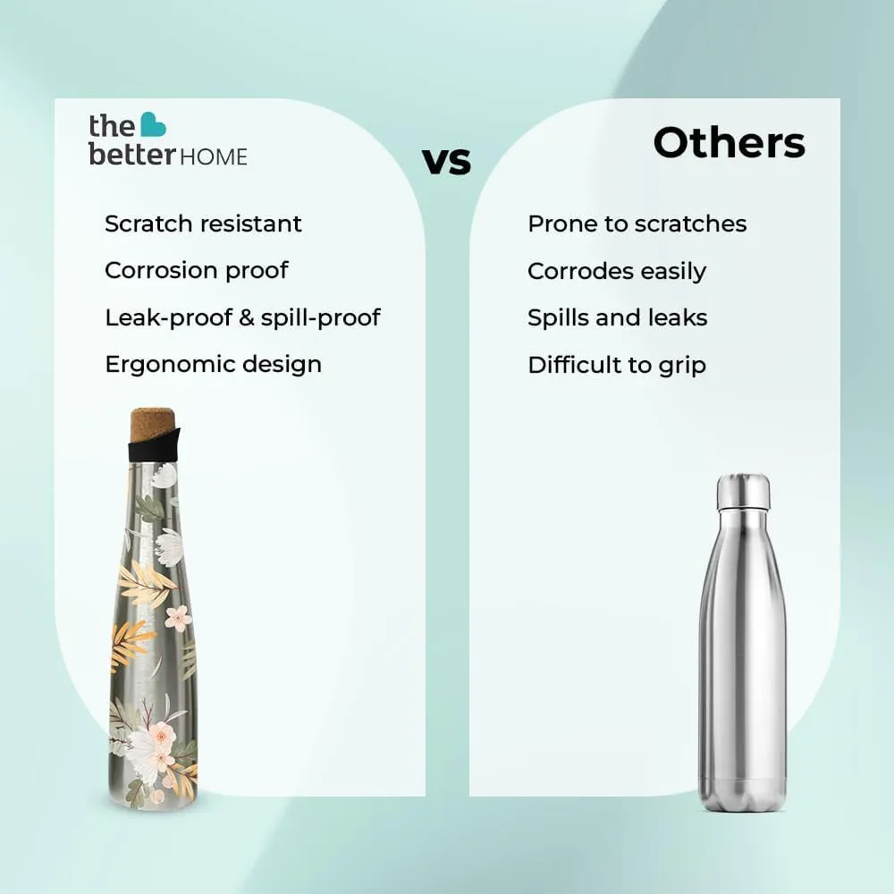 The Better Home Insulated Stainless Steel Water Bottle with Cork Cap | 18 Hours Insulation | Pack of 2-500ml Each | Hot Cold Water for Office School Gym | Leak Proof & BPA Free | Soft Blossom Design
