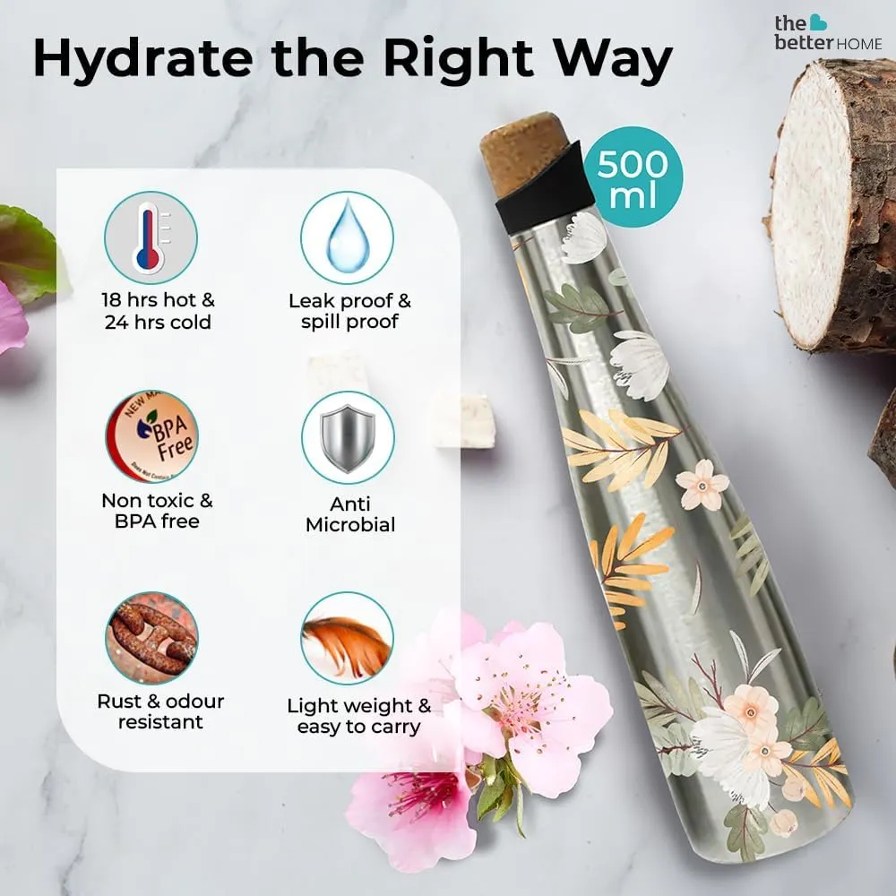 The Better Home Insulated Stainless Steel Water Bottle with Cork Cap | 18 Hours Insulation | Pack of 2-500ml Each | Hot Cold Water for Office School Gym | Leak Proof & BPA Free | Soft Blossom Design