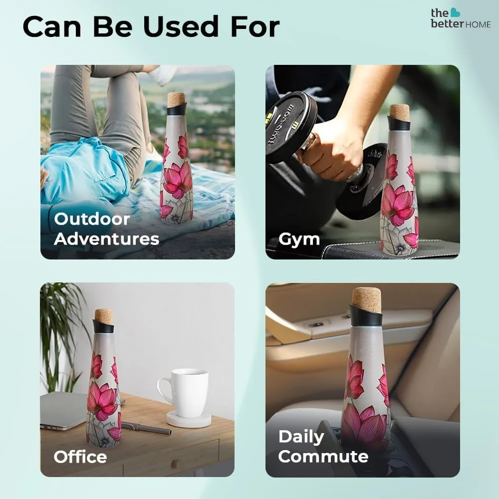 The Better Home Insulated Stainless Steel Water Bottle with Cork Cap | 18 Hours Insulation | Pack of 2-750ml Each | Hot Cold Water for Office School Gym | Leak Proof & BPA Free | Pink Lotus Design