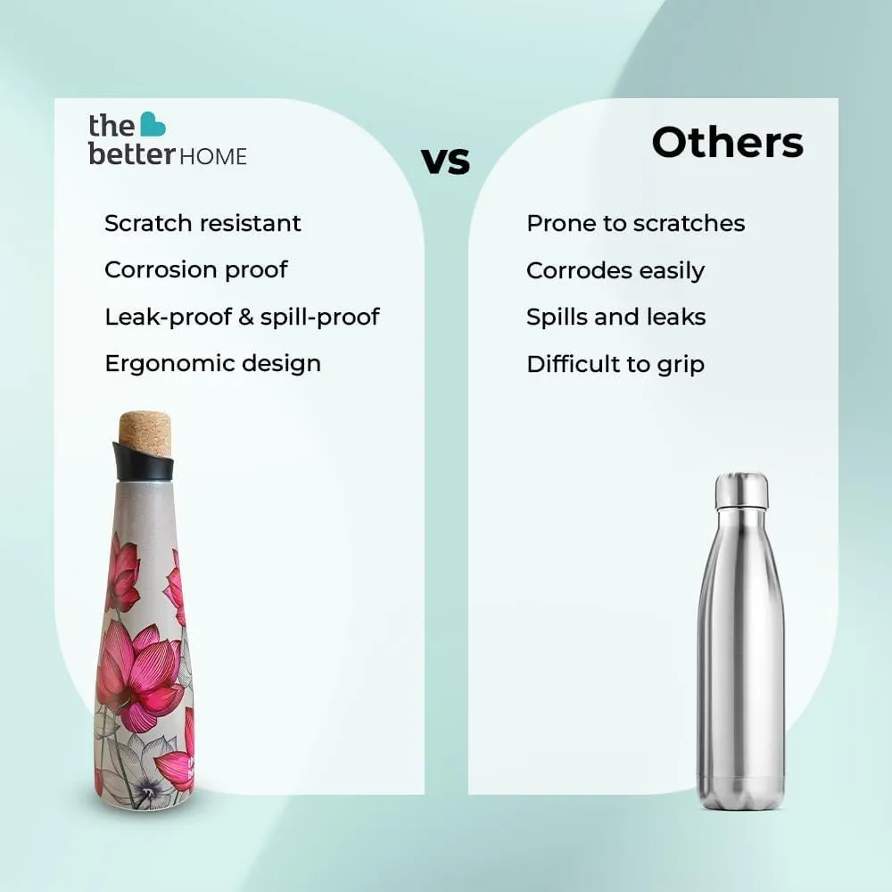 The Better Home Insulated Stainless Steel Water Bottle with Cork Cap | 18 Hours Insulation | Pack of 2-750ml Each | Hot Cold Water for Office School Gym | Leak Proof & BPA Free | Pink Lotus Design