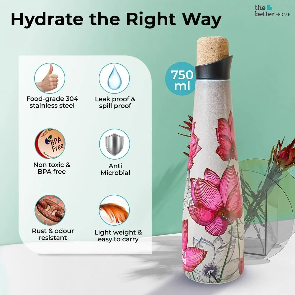 The Better Home Insulated Stainless Steel Water Bottle with Cork Cap | 18 Hours Insulation | Pack of 2-750ml Each | Hot Cold Water for Office School Gym | Leak Proof & BPA Free | Pink Lotus Design