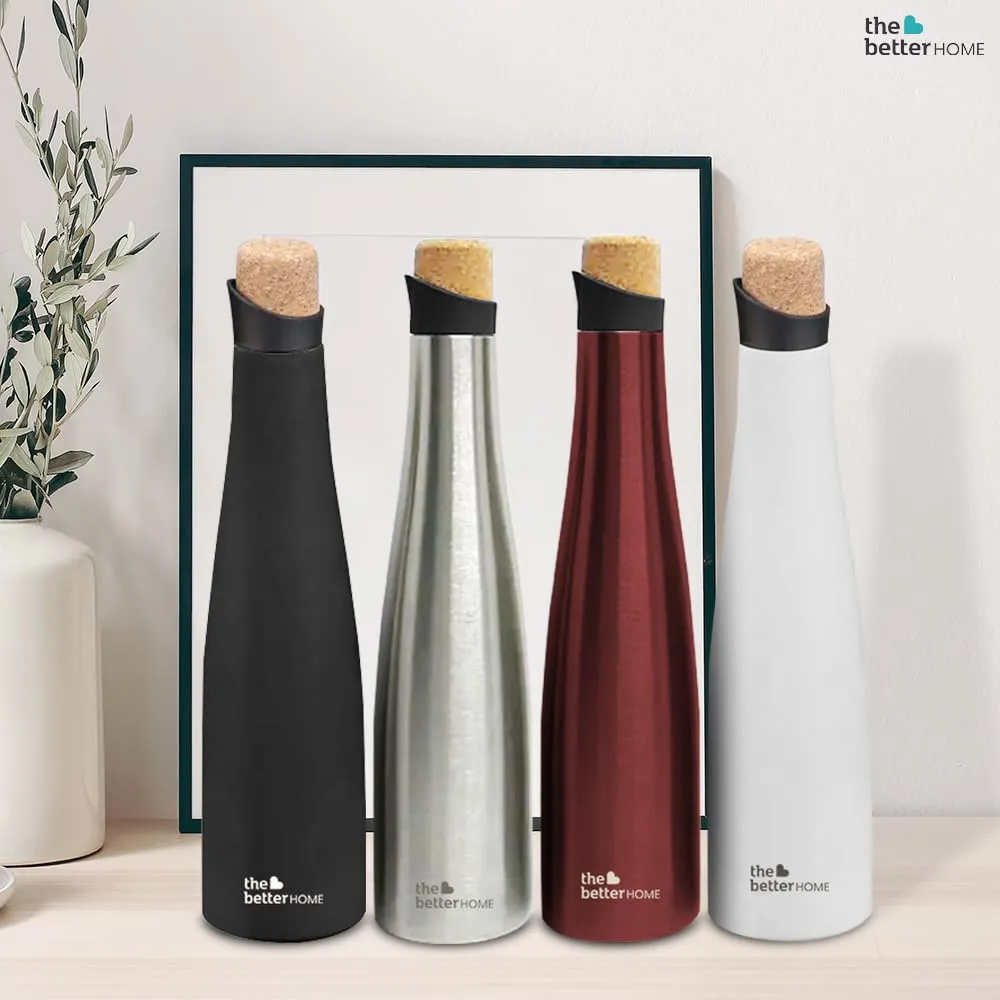 The Better Home Insulated Stainless Steel Water Bottle With Cork Cap | 18 Hours Insulation | Pack Of 4-750ml Each | Hot Cold Water For Office School Gym | Leak Proof & BPA Free | Silver Colour