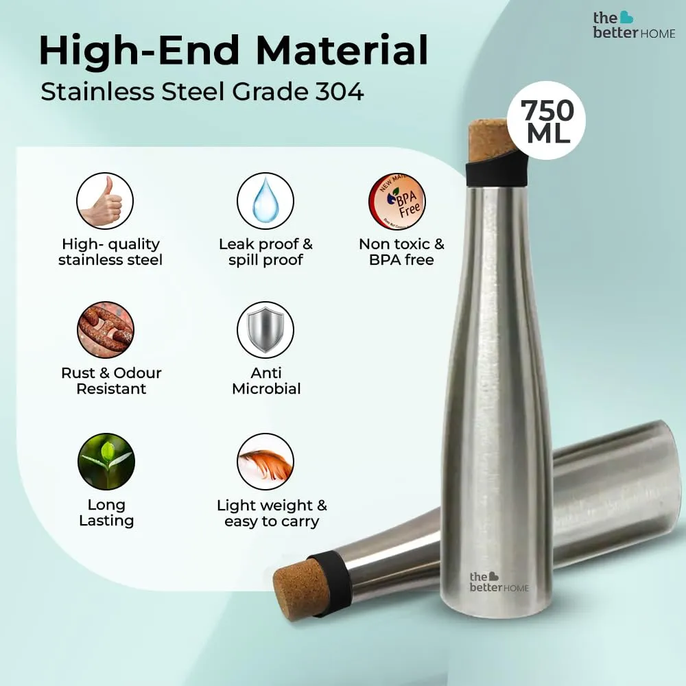The Better Home Insulated Stainless Steel Water Bottle with Cork Cap | 18 Hours Insulation | Pack of 50-750ml Each | Hot Cold Water for Office School Gym | Leak Proof & BPA Free | Silver Colour