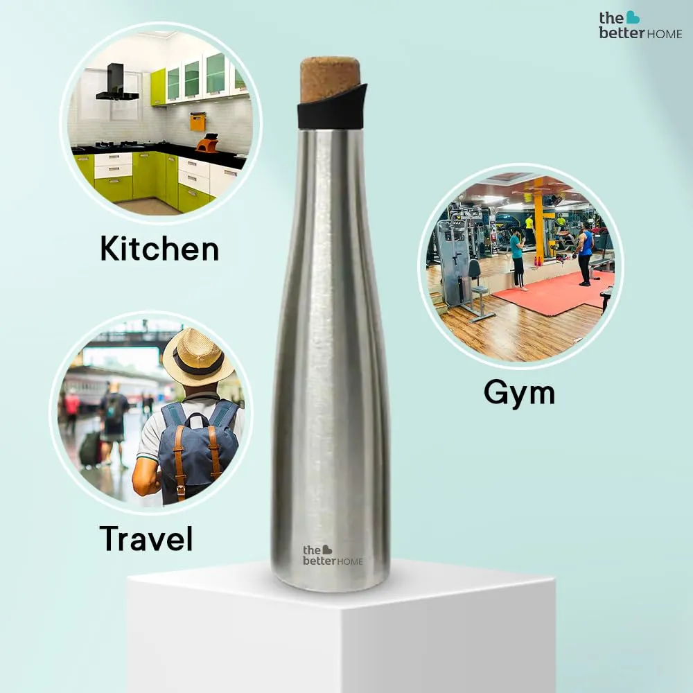 The Better Home Insulated Stainless Steel Water Bottle with Cork Cap | 18 Hours Insulation | Pack of 50-750ml Each | Hot Cold Water for Office School Gym | Leak Proof & BPA Free | Silver Colour