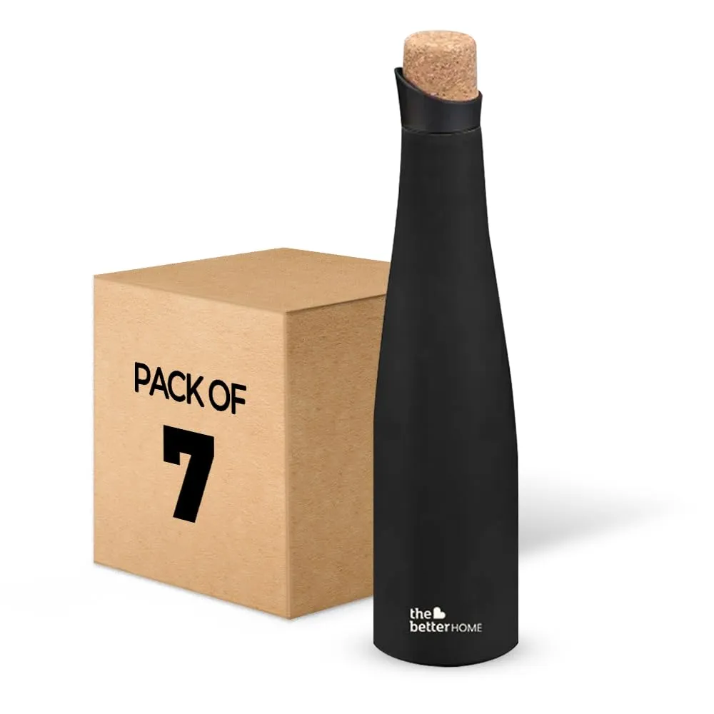 The Better Home Insulated Stainless Steel Water Bottle with Cork Cap | 18 Hours Insulation | Pack of 7-750ml Each | Hot Cold Water for Office School Gym | Leak Proof & BPA Free | Black Colour