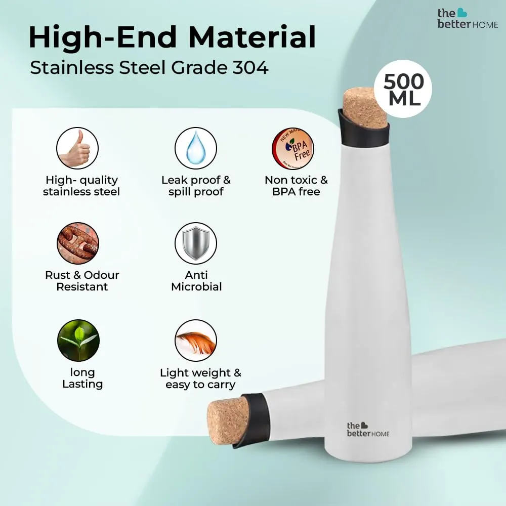 The Better Home Insulated Stainless Steel Water Bottle with Cork Cap | 18 Hours Insulation | Pack of 8-500ml Each | Hot Cold Water for Office School Gym | Leak Proof & BPA Free | White Colour