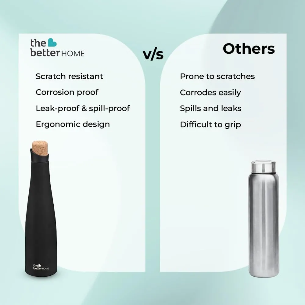 The Better Home Insulated Stainless Steel Water Bottle with Cork Cap | 18 Hours Insulation | Pack of 8-750ml Each | Hot Cold Water for Office School Gym | Leak Proof & BPA Free | Black Colour