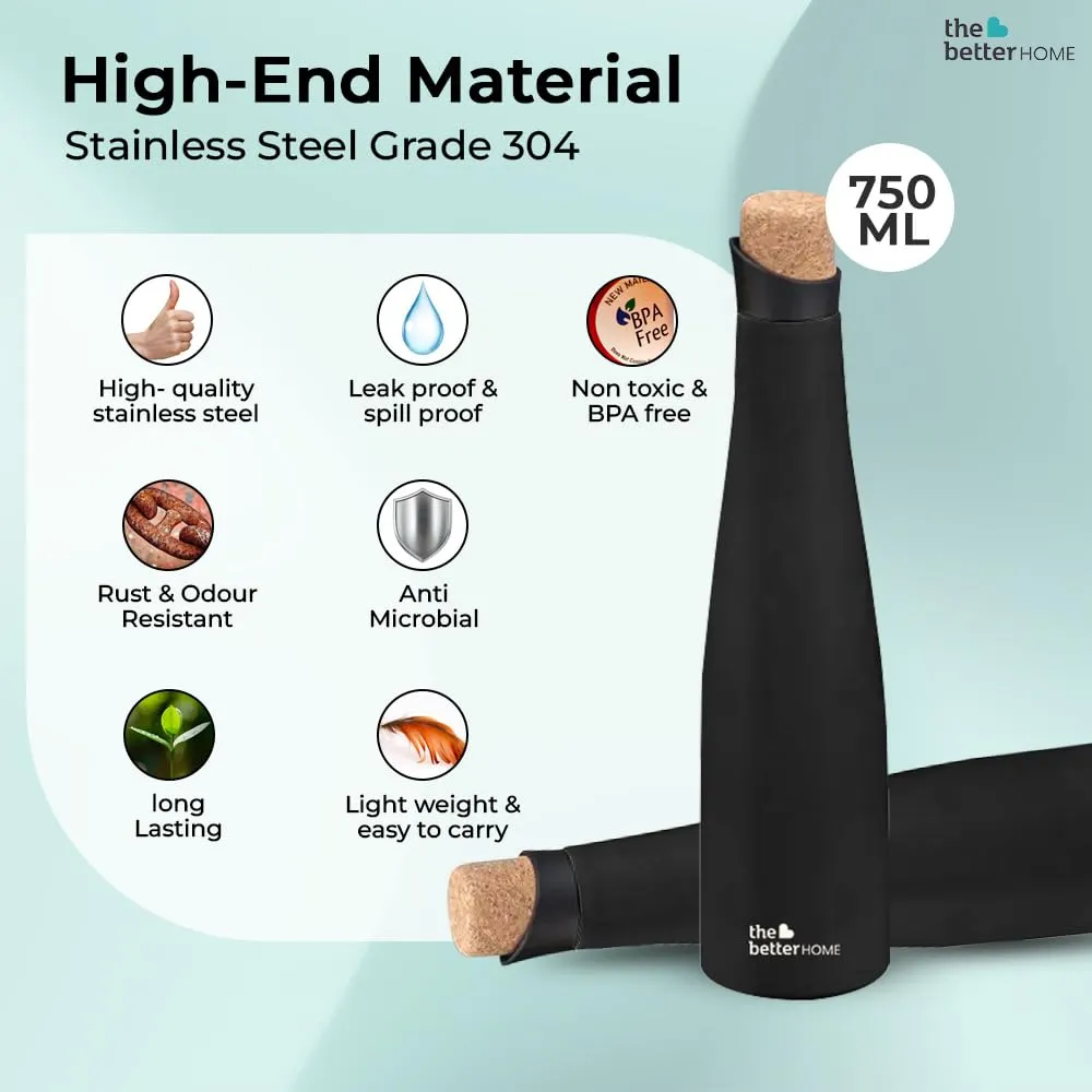 The Better Home Insulated Stainless Steel Water Bottle with Cork Cap | 18 Hours Insulation | Pack of 8-750ml Each | Hot Cold Water for Office School Gym | Leak Proof & BPA Free | Black Colour