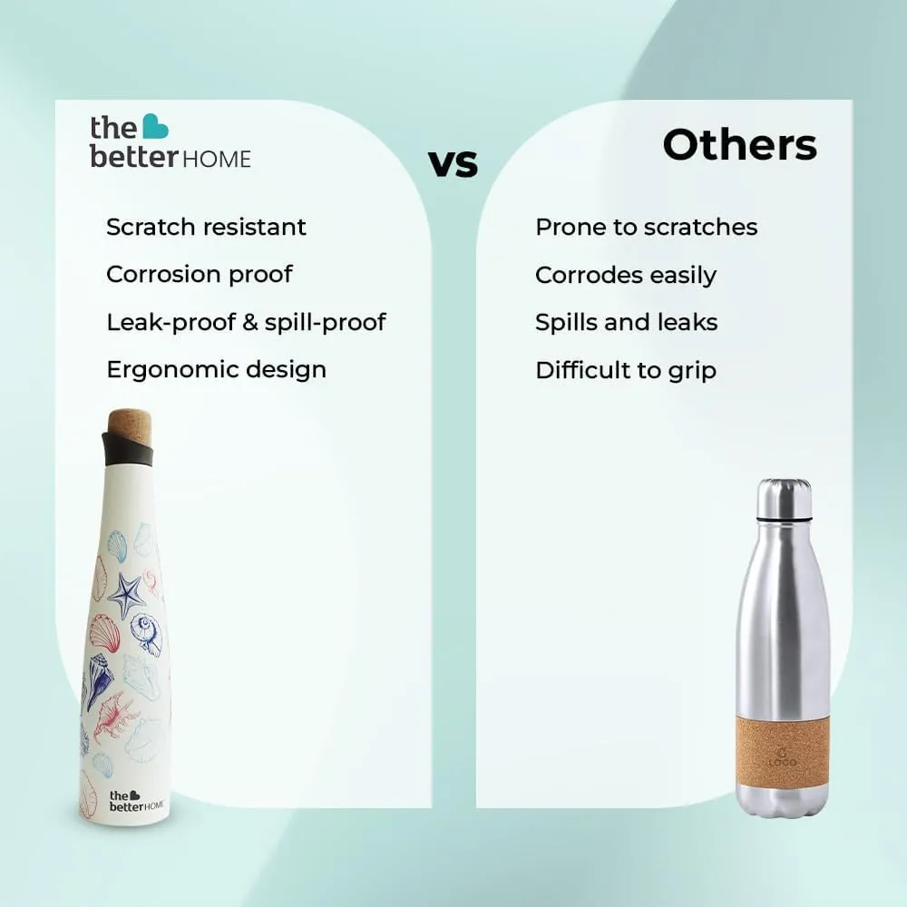 The Better Home Insulated Stainless Steel Water Bottle With Cork Cap- 750ml | 18 Hours Insulation | Hot Cold Office School Gym | Airtight Leak Proof BPA Free | Multicolour Deep Sea Design- 2 Pack