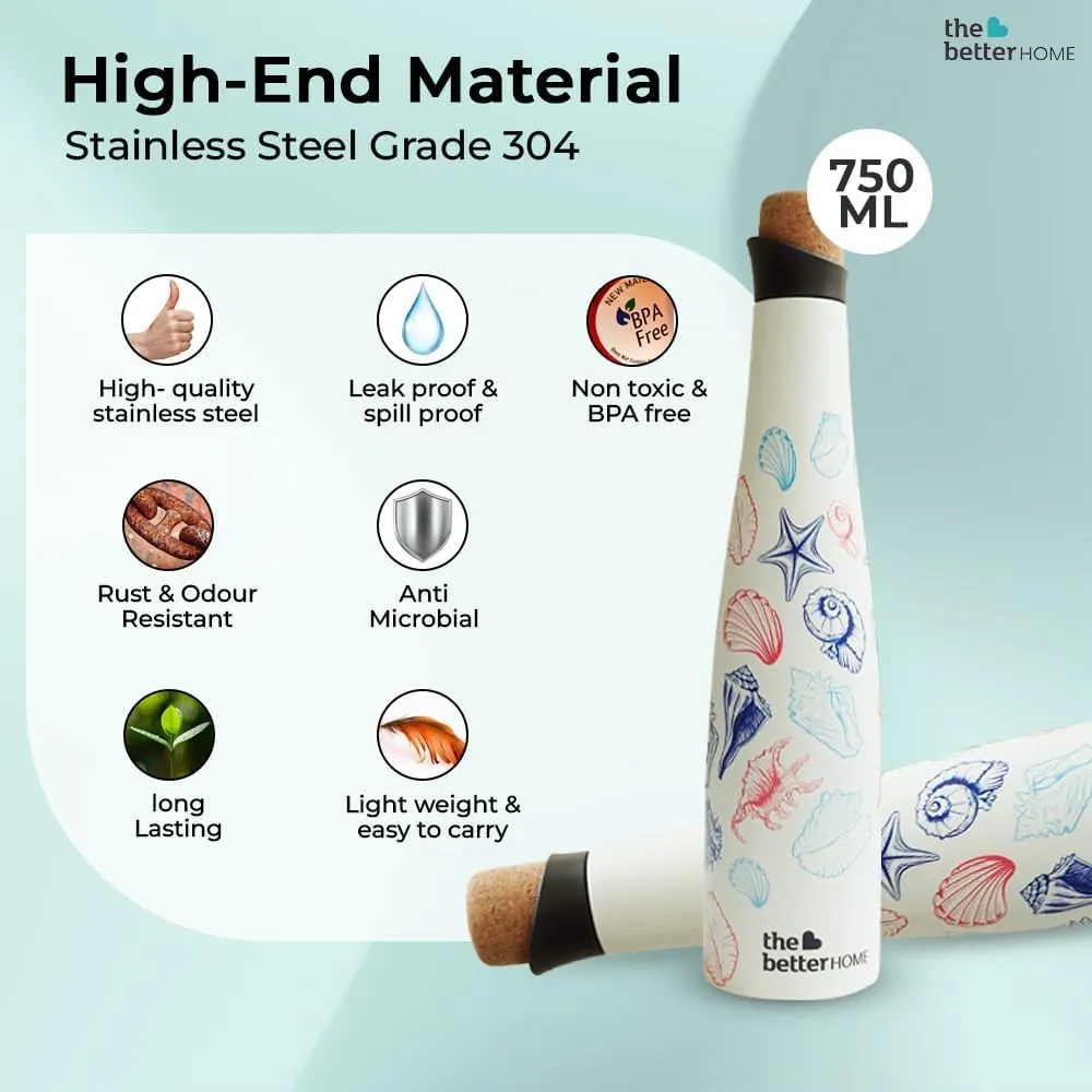 The Better Home Insulated Stainless Steel Water Bottle With Cork Cap- 750ml | 18 Hours Insulation | Hot Cold Office School Gym | Airtight Leak Proof BPA Free | Multicolour Deep Sea Design- 2 Pack