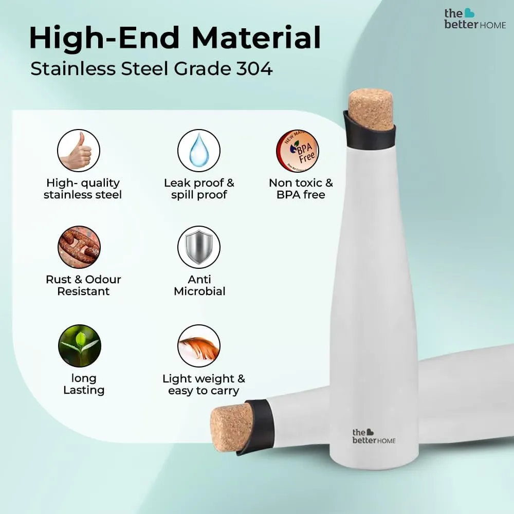 The Better Home Insulated Thermosteel Bottle with Cork Cap 750ml | 18h of Insulation | Hot and Cold Water Bottle for Kids School Office Gym | Anti Rust | Leak Proof | BPA Free | White Colour