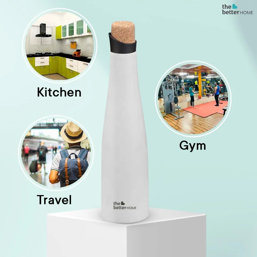 The Better Home Insulated Thermosteel Bottle with Cork Cap 750ml | 18h of Insulation | Hot and Cold Water Bottle for Kids School Office Gym | Anti Rust | Leak Proof | BPA Free | White Colour