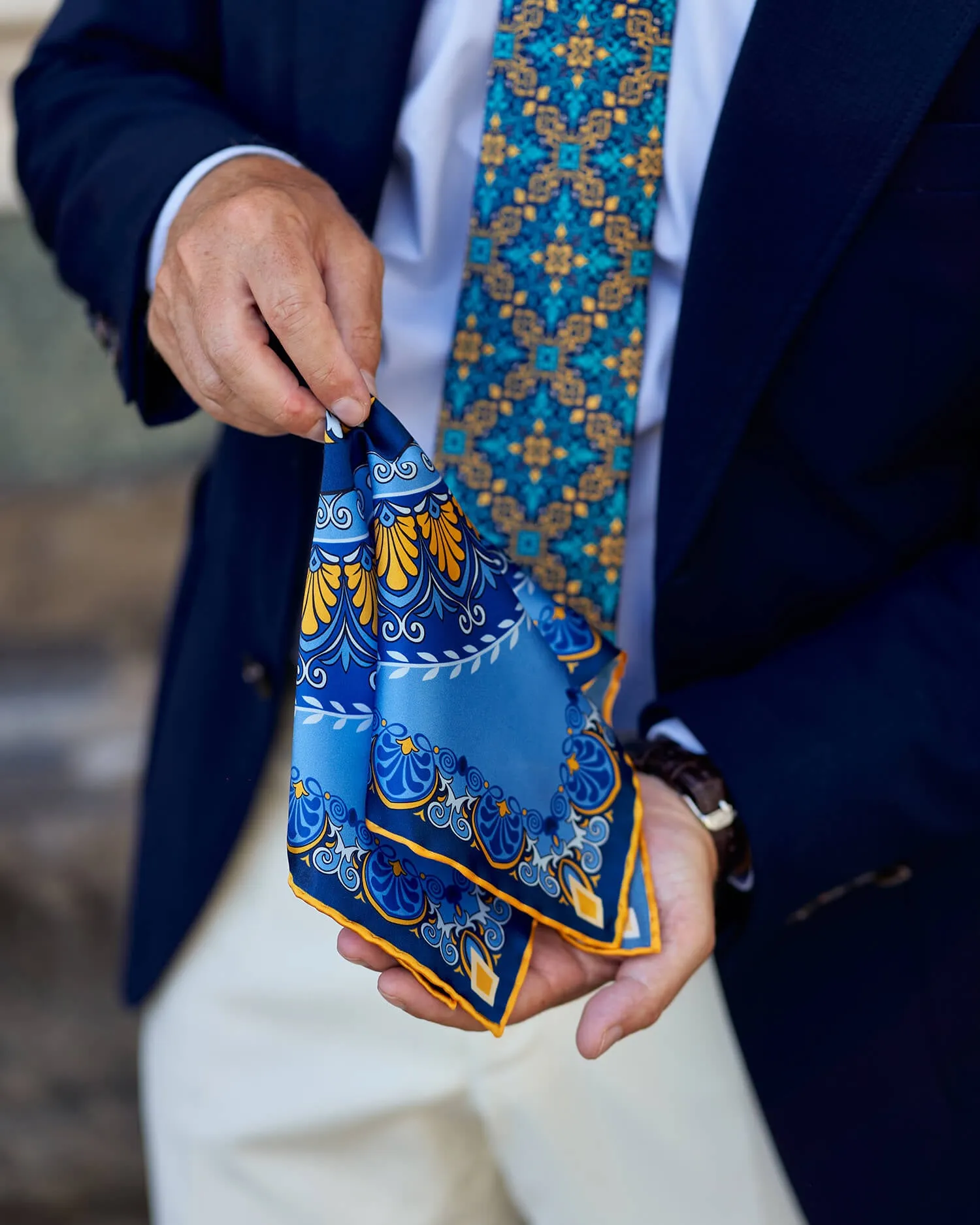 The Renaissance Light Blue and Yellow Silk Pocket Square