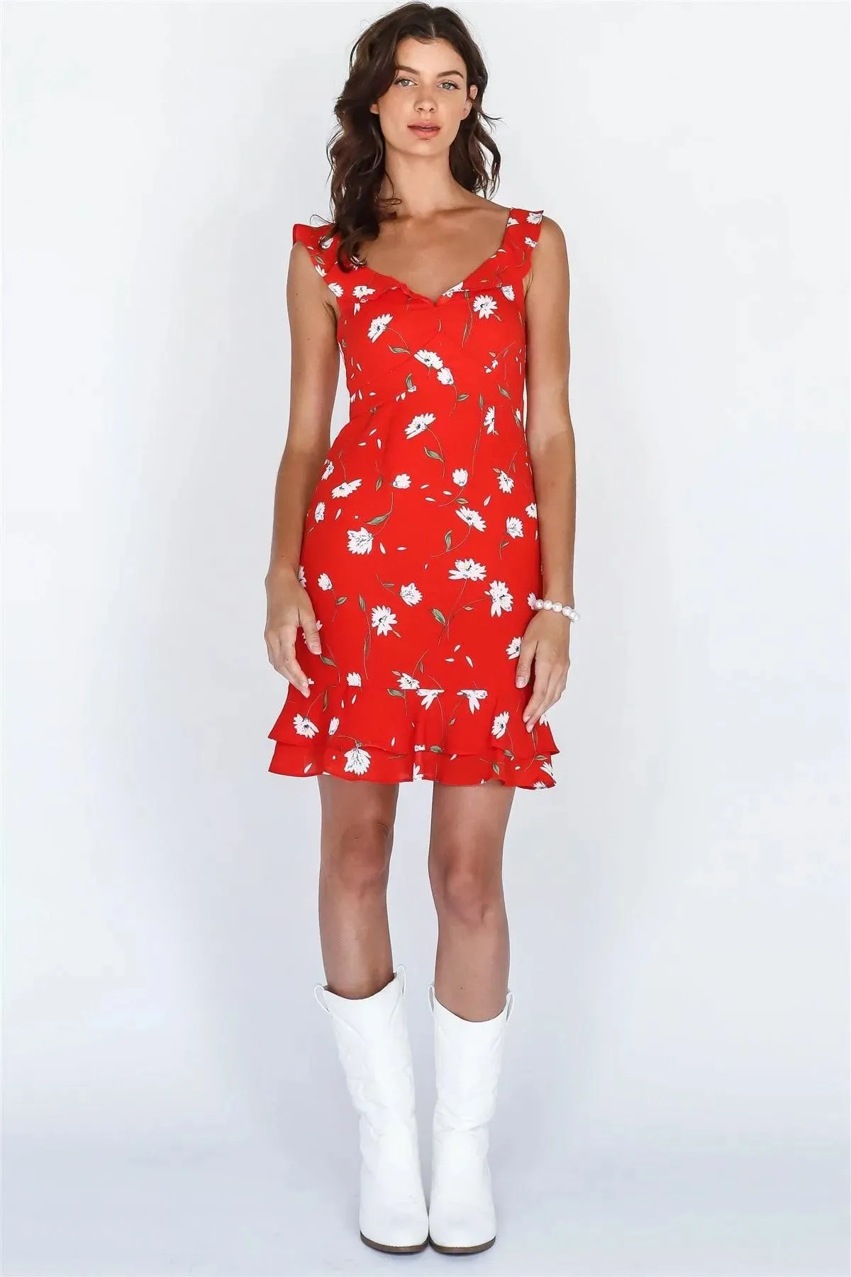 Tomato Red Floral Print Ruffle Trim Mini Dress