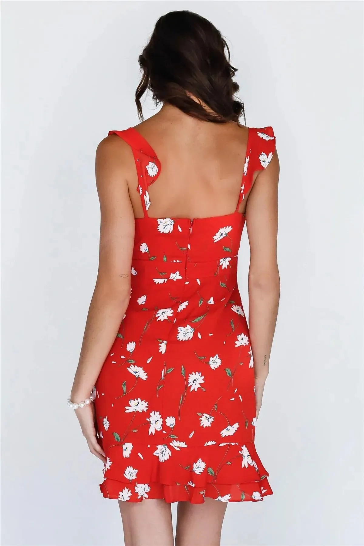 Tomato Red Floral Print Ruffle Trim Mini Dress