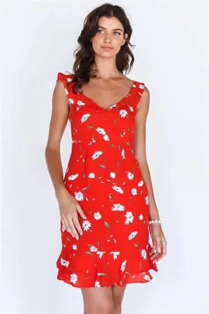 Tomato Red Floral Print Ruffle Trim Mini Dress