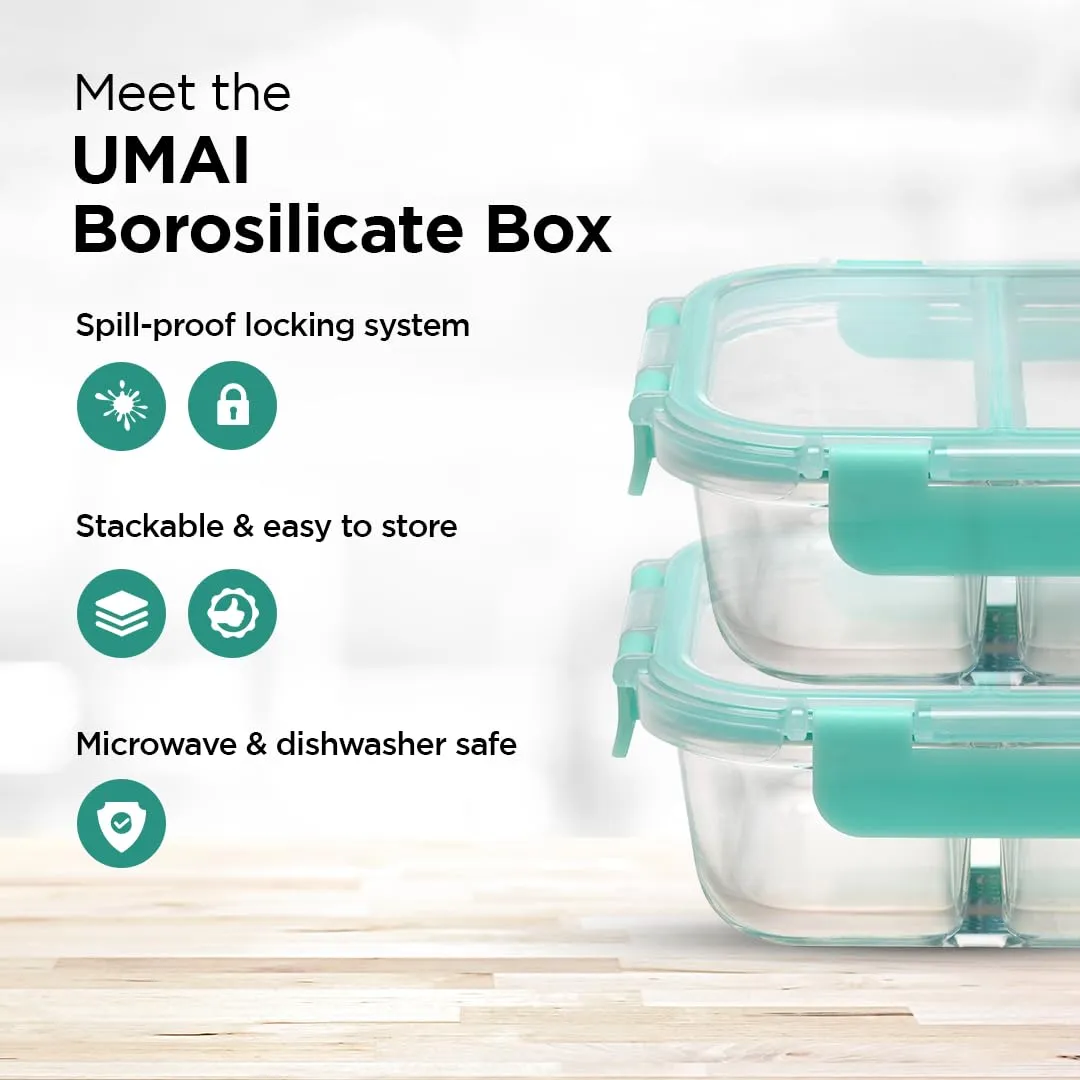 UMAI Two Compartment Lunch Box for Office Men, Kids, Women | Glass | Microwave Safe | Leak-Proof | Airtight | Safety Lock Lid | Glass Tiffin Box for Office, School (570ml)