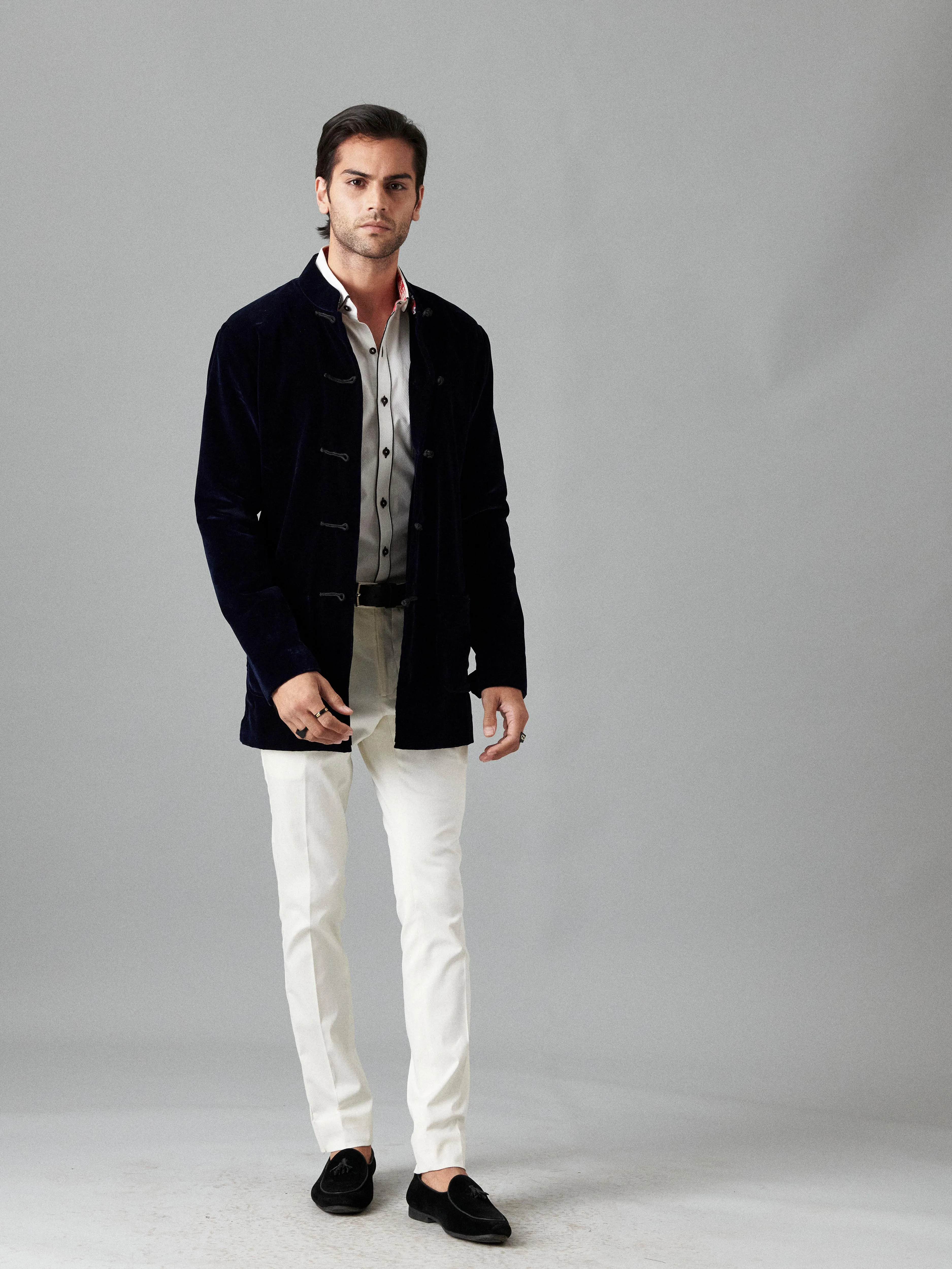 VELVET JACKET WITH KNOTTED BUTTON DETAILS