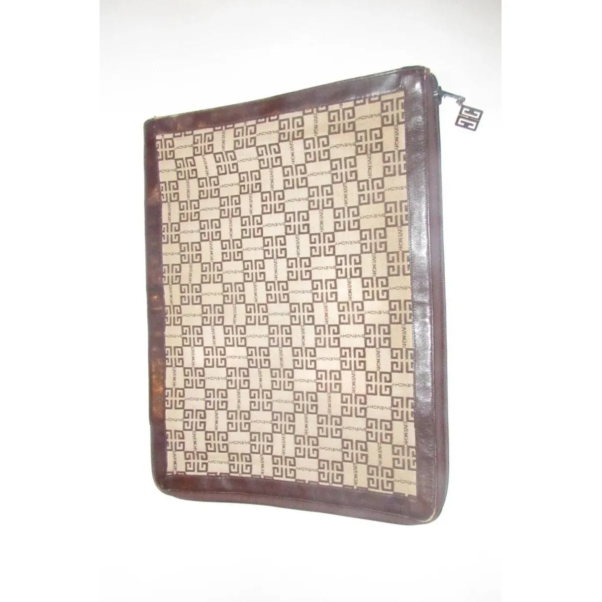 Vintage Givenchy, XL expandable clutch/laptop bag made with brown Givenchy logo print on beige canvas and brown leather