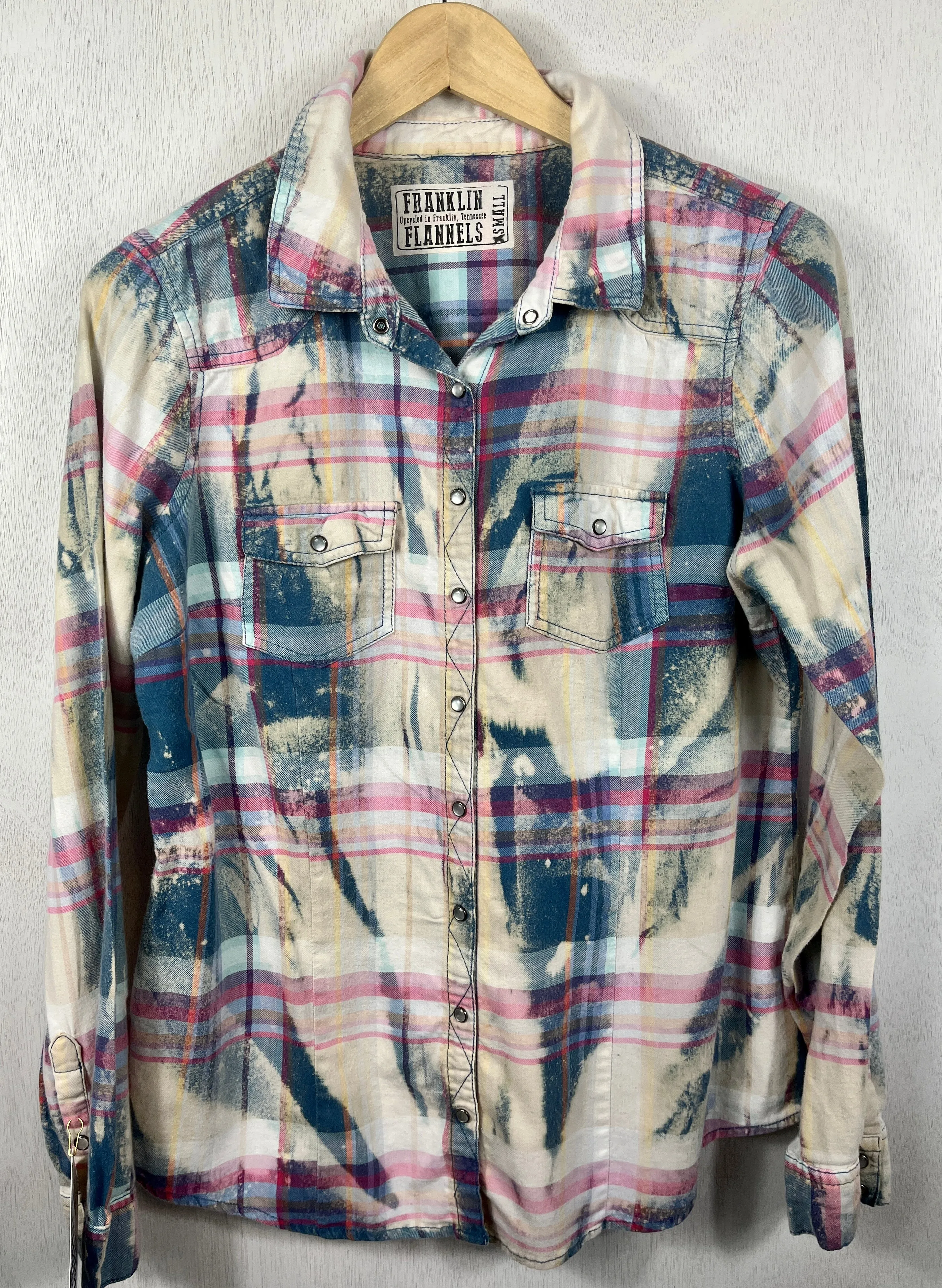 Vintage Western Style Teal, Cream and Pink Flannel Size XS