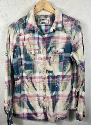 Vintage Western Style Teal, Cream and Pink Flannel Size XS