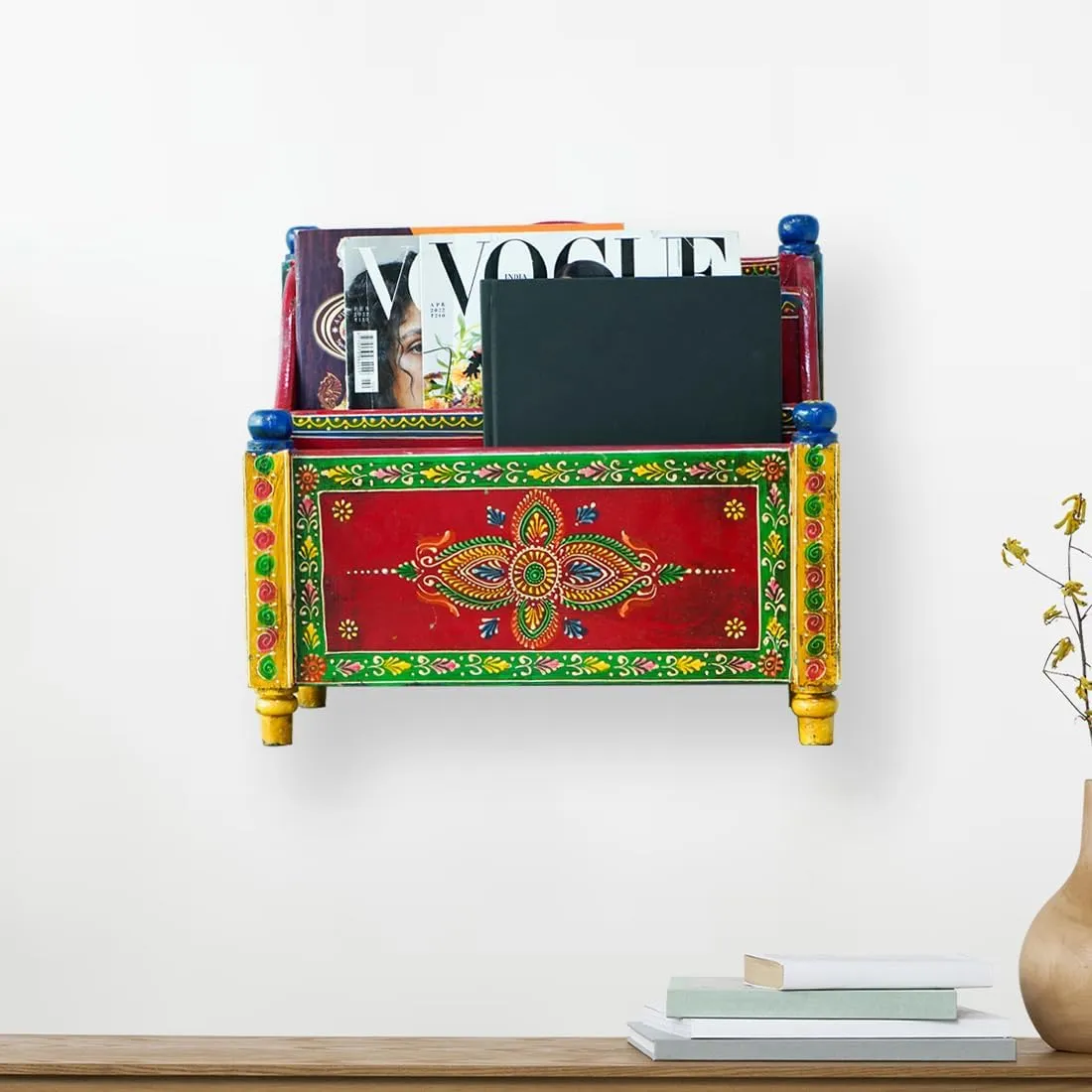 Wall Mount Magazine Holder | Newspaper Holder for Gate | Newspaper Magazine Stand Organizer | Letter Holder for Wall Hanging | Newspaper Storage Box for Home Gate (Handpainted Mango Wood)