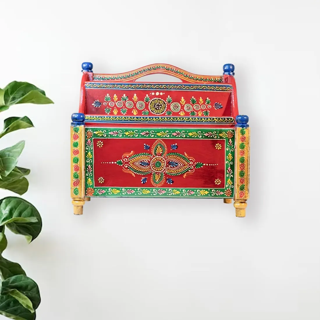 Wall Mount Magazine Holder | Newspaper Holder for Gate | Newspaper Magazine Stand Organizer | Letter Holder for Wall Hanging | Newspaper Storage Box for Home Gate (Handpainted Mango Wood)