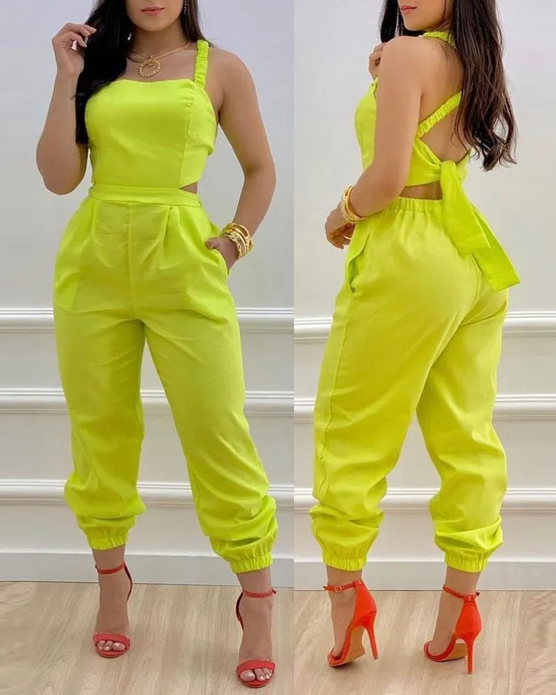 Wenkouban Jumpsuit Long Women's, Elegant, Butterfly Print Crisscross Lace Up Details Backless Jumpsuit