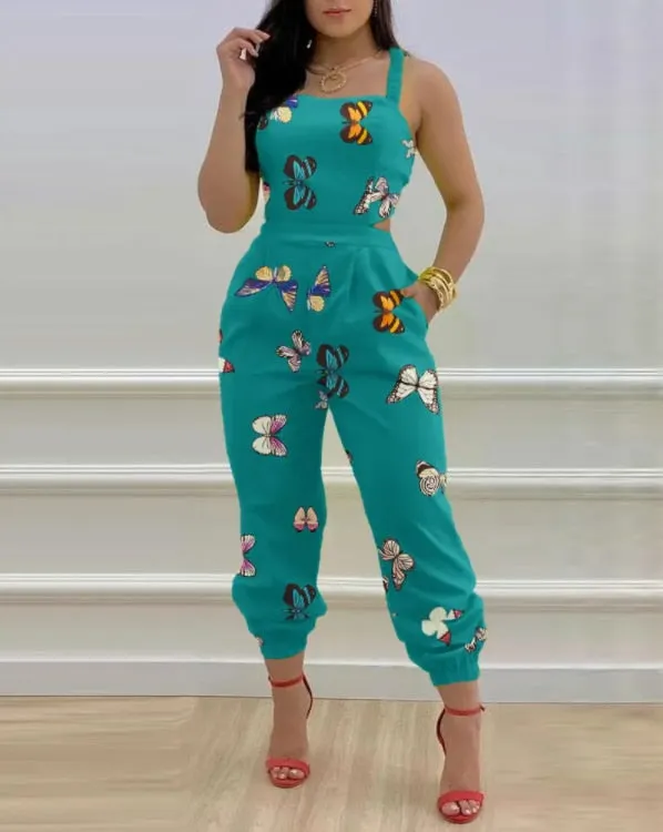 Wenkouban Jumpsuit Long Women's, Elegant, Butterfly Print Crisscross Lace Up Details Backless Jumpsuit
