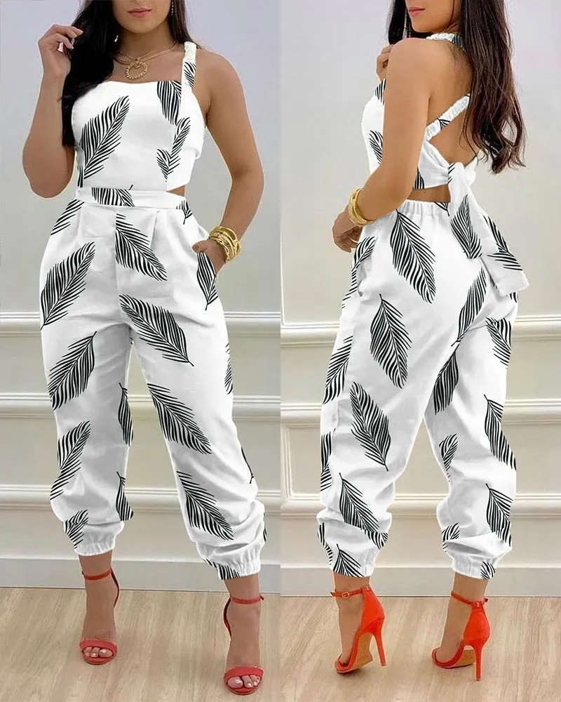 Wenkouban Jumpsuit Long Women's, Elegant, Butterfly Print Crisscross Lace Up Details Backless Jumpsuit