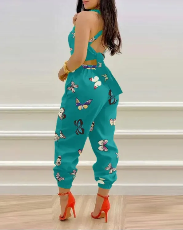 Wenkouban Jumpsuit Long Women's, Elegant, Butterfly Print Crisscross Lace Up Details Backless Jumpsuit