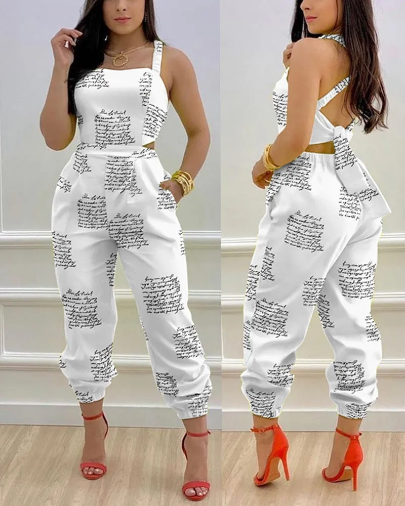 Wenkouban Jumpsuit Long Women's, Elegant, Butterfly Print Crisscross Lace Up Details Backless Jumpsuit