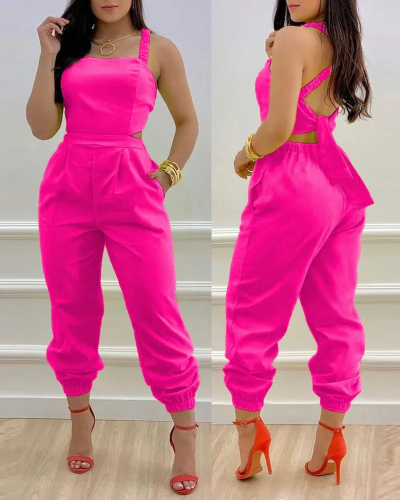 Wenkouban Jumpsuit Long Women's, Elegant, Butterfly Print Crisscross Lace Up Details Backless Jumpsuit
