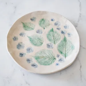White Hydrangea & Leaves Imprinted Stone Plate | Katie DeHeart