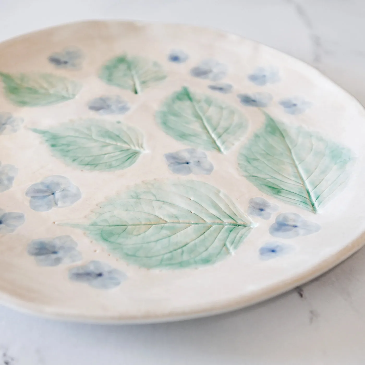 White Hydrangea & Leaves Imprinted Stone Plate | Katie DeHeart