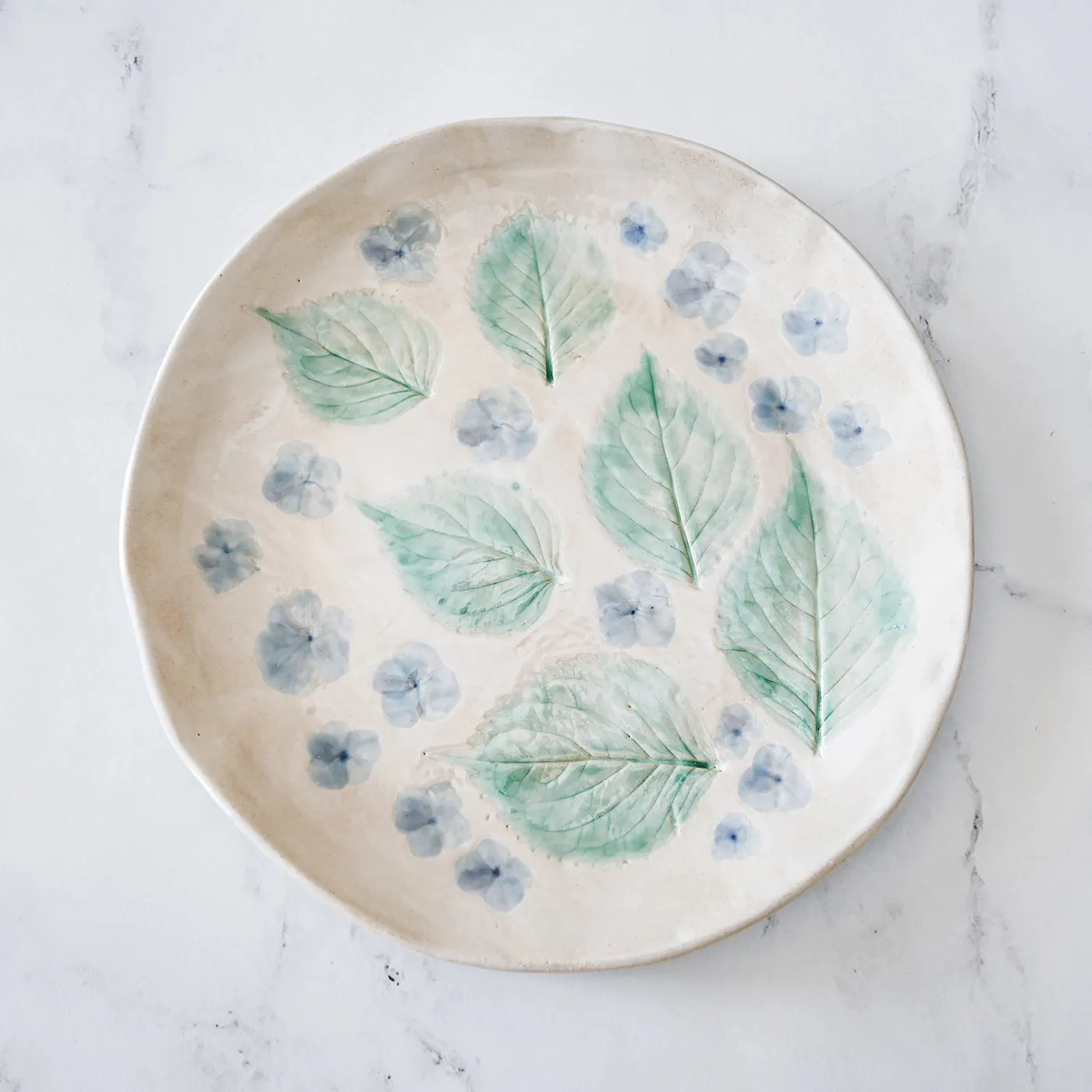 White Hydrangea & Leaves Imprinted Stone Plate | Katie DeHeart