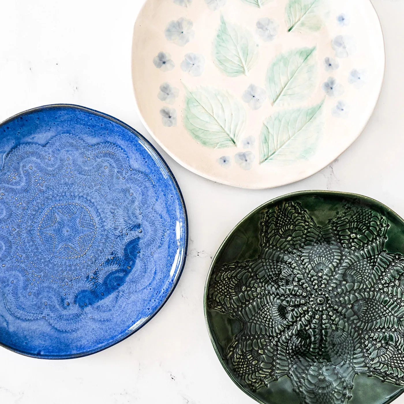 White Hydrangea & Leaves Imprinted Stone Plate | Katie DeHeart