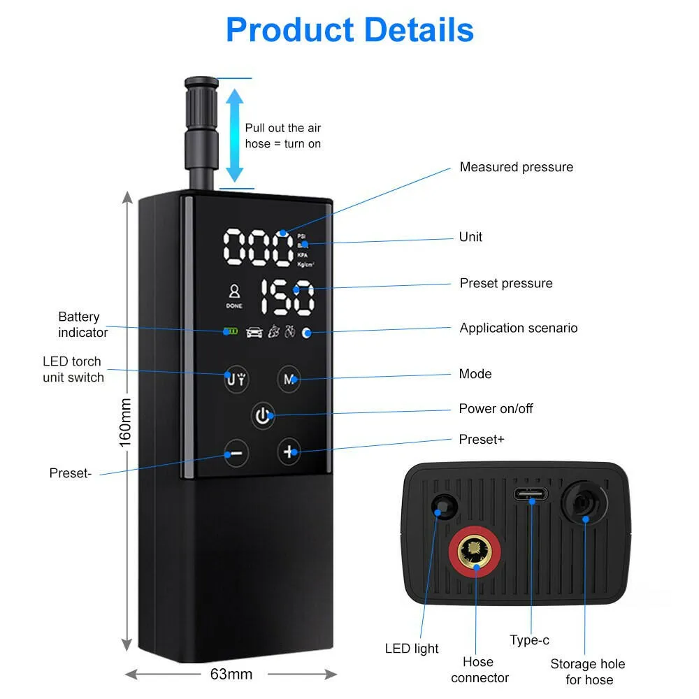 Woowind GP2 Tire Inflator and Mini Bike Pump, Portable Air Compressor for Car, Bike, Motorcycle, 150 PSI, Auto Shut-Off