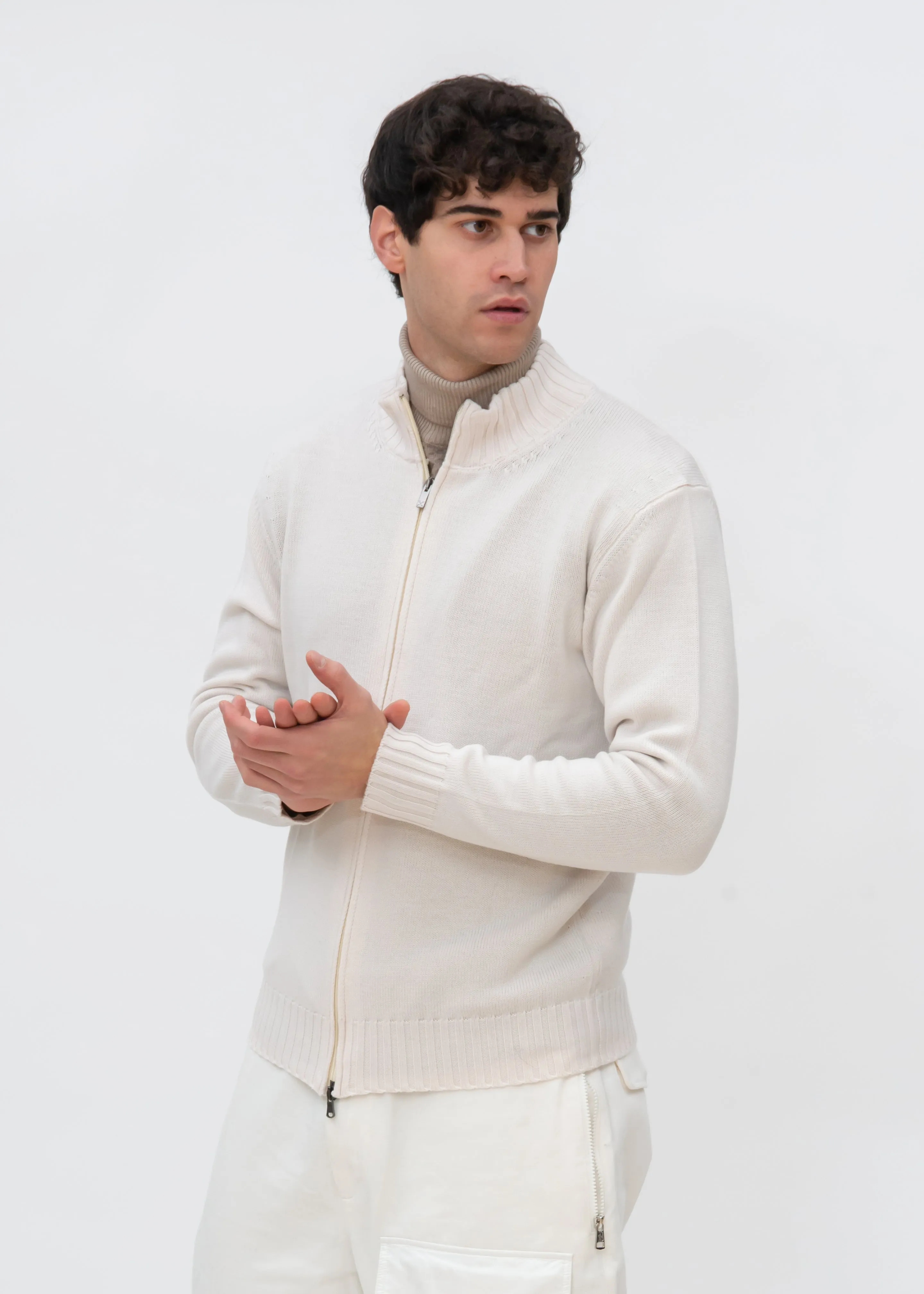 ZIP UP STOCKINETTE MOCKNECK WITH RIBBED DETAILS