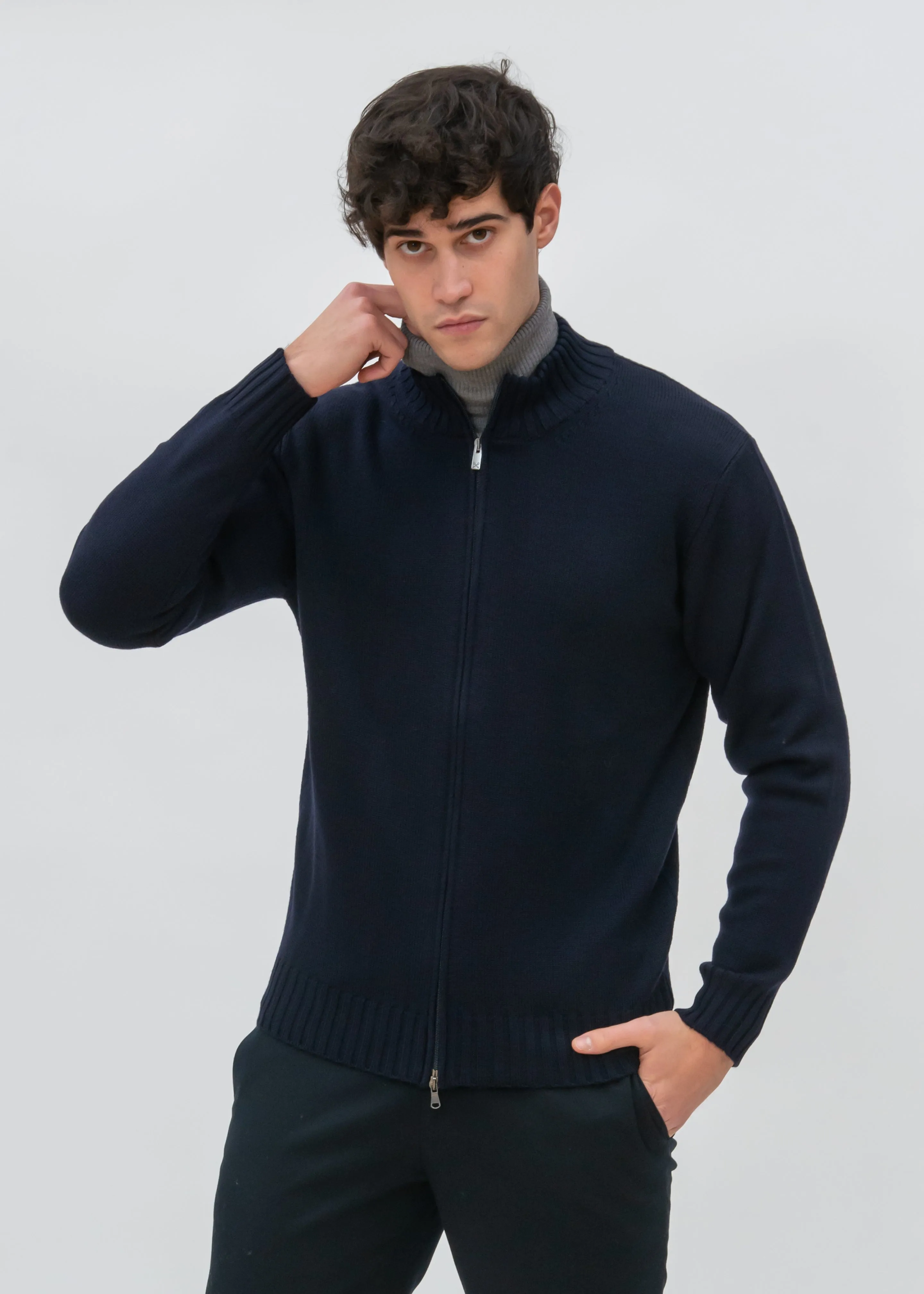 ZIP UP STOCKINETTE MOCKNECK WITH RIBBED DETAILS