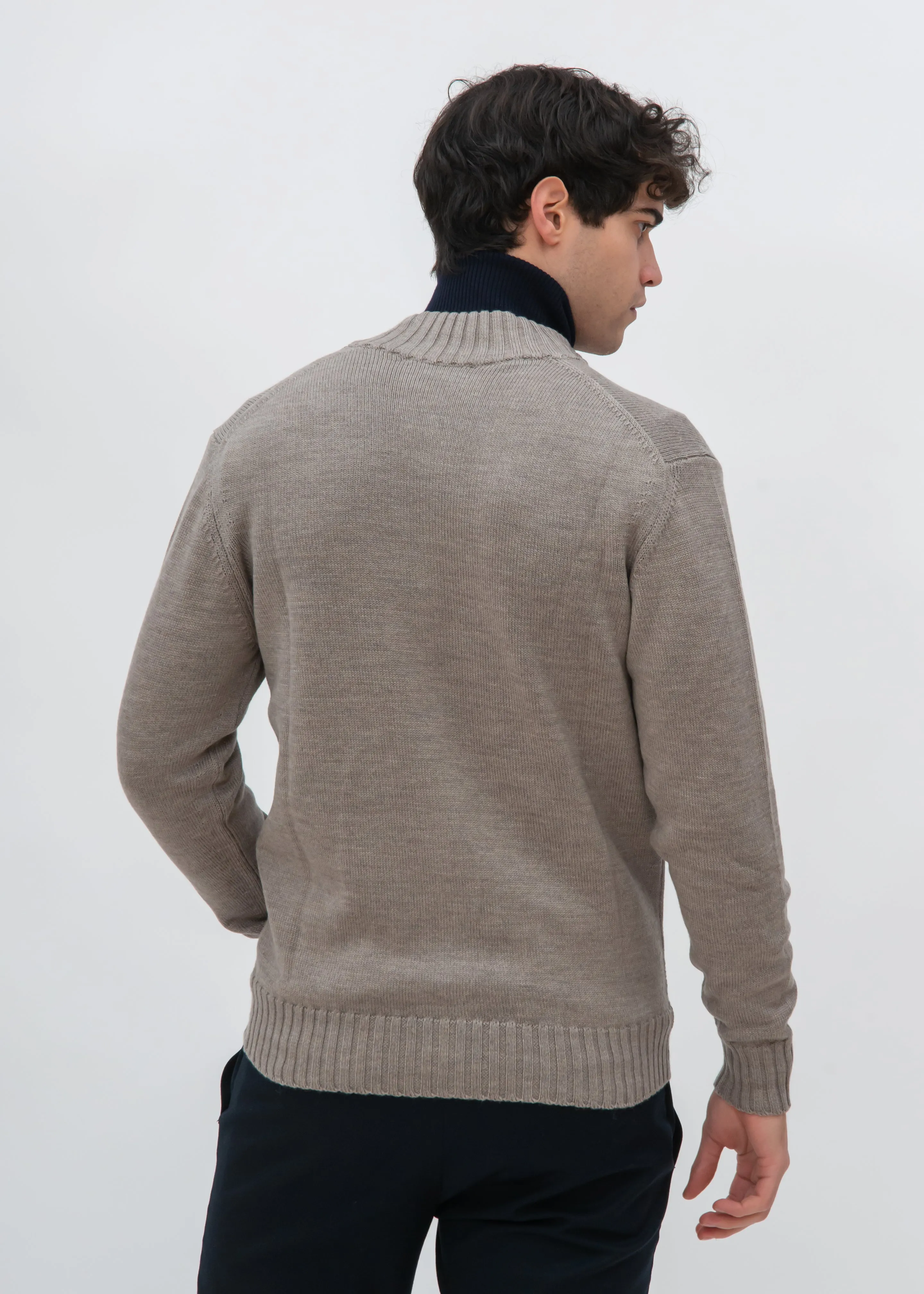 ZIP UP STOCKINETTE MOCKNECK WITH RIBBED DETAILS