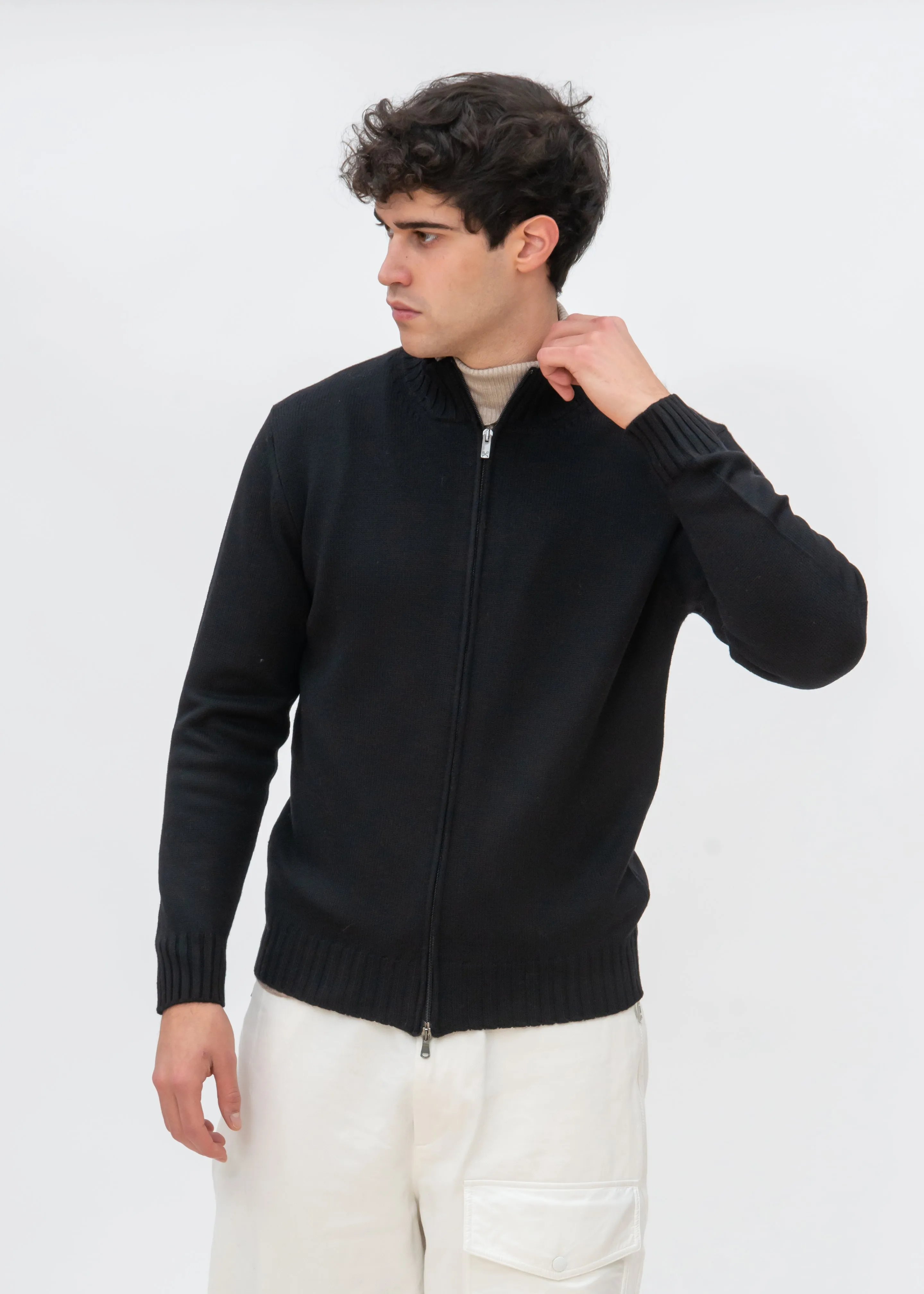 ZIP UP STOCKINETTE MOCKNECK WITH RIBBED DETAILS