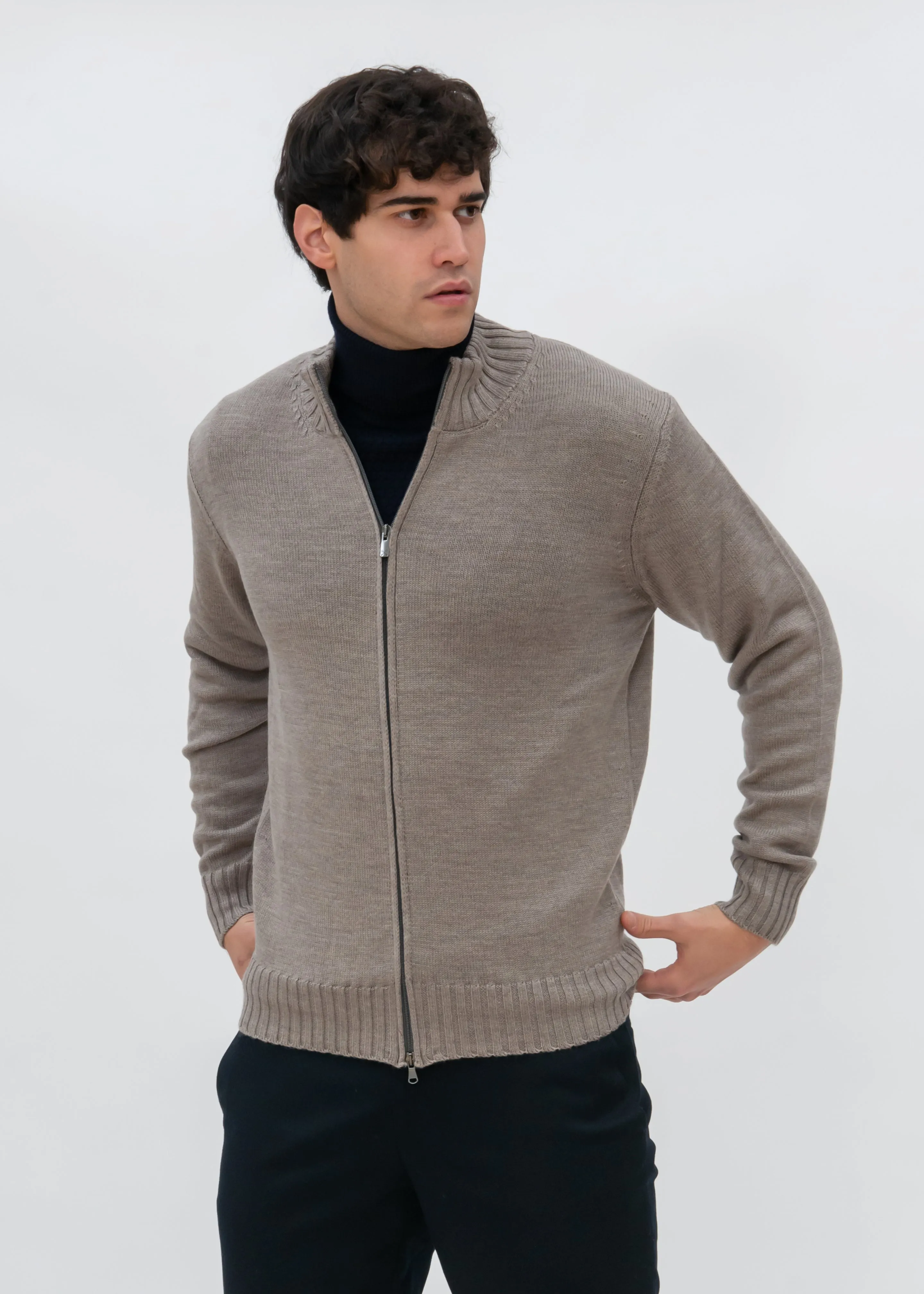 ZIP UP STOCKINETTE MOCKNECK WITH RIBBED DETAILS