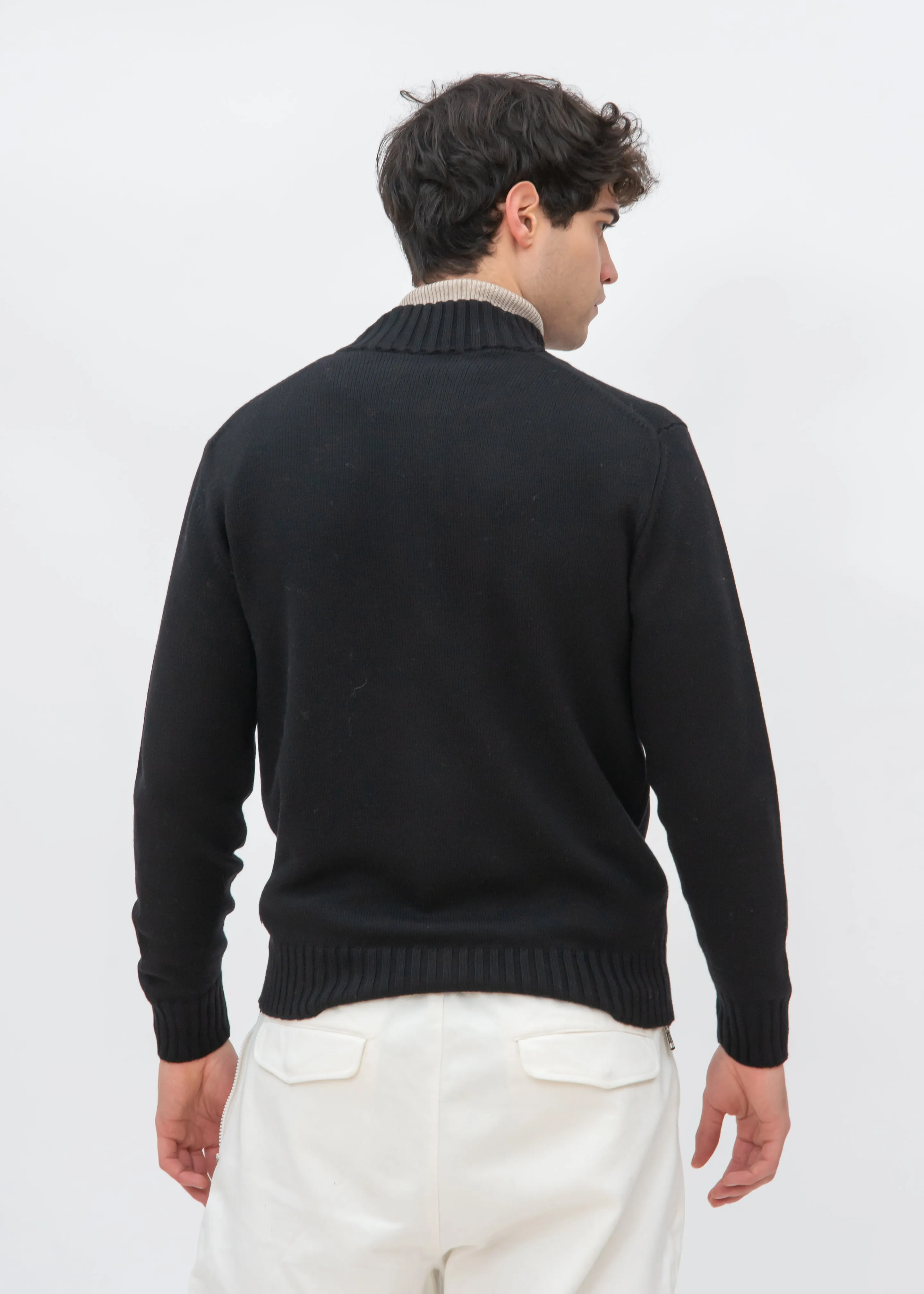 ZIP UP STOCKINETTE MOCKNECK WITH RIBBED DETAILS