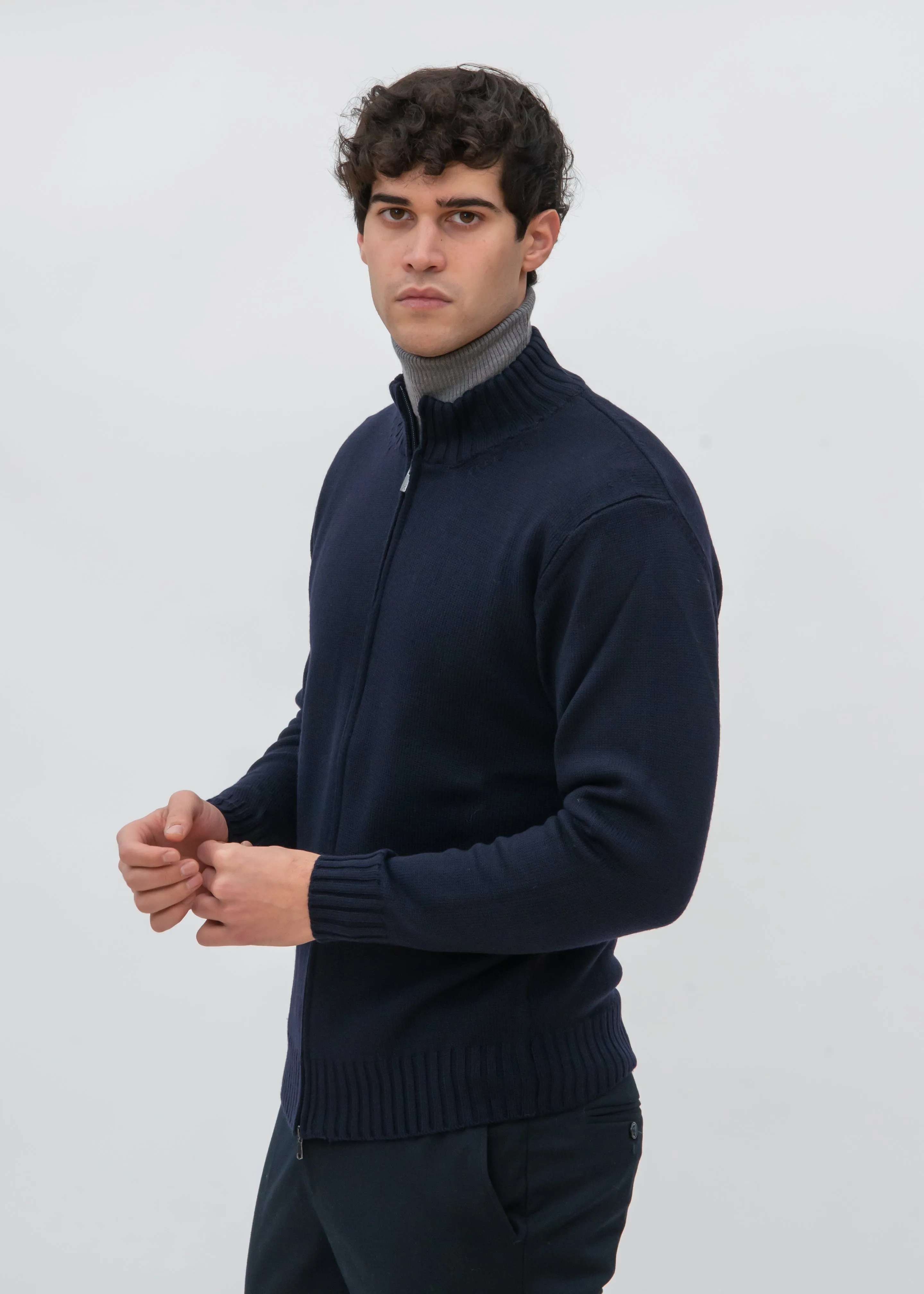 ZIP UP STOCKINETTE MOCKNECK WITH RIBBED DETAILS