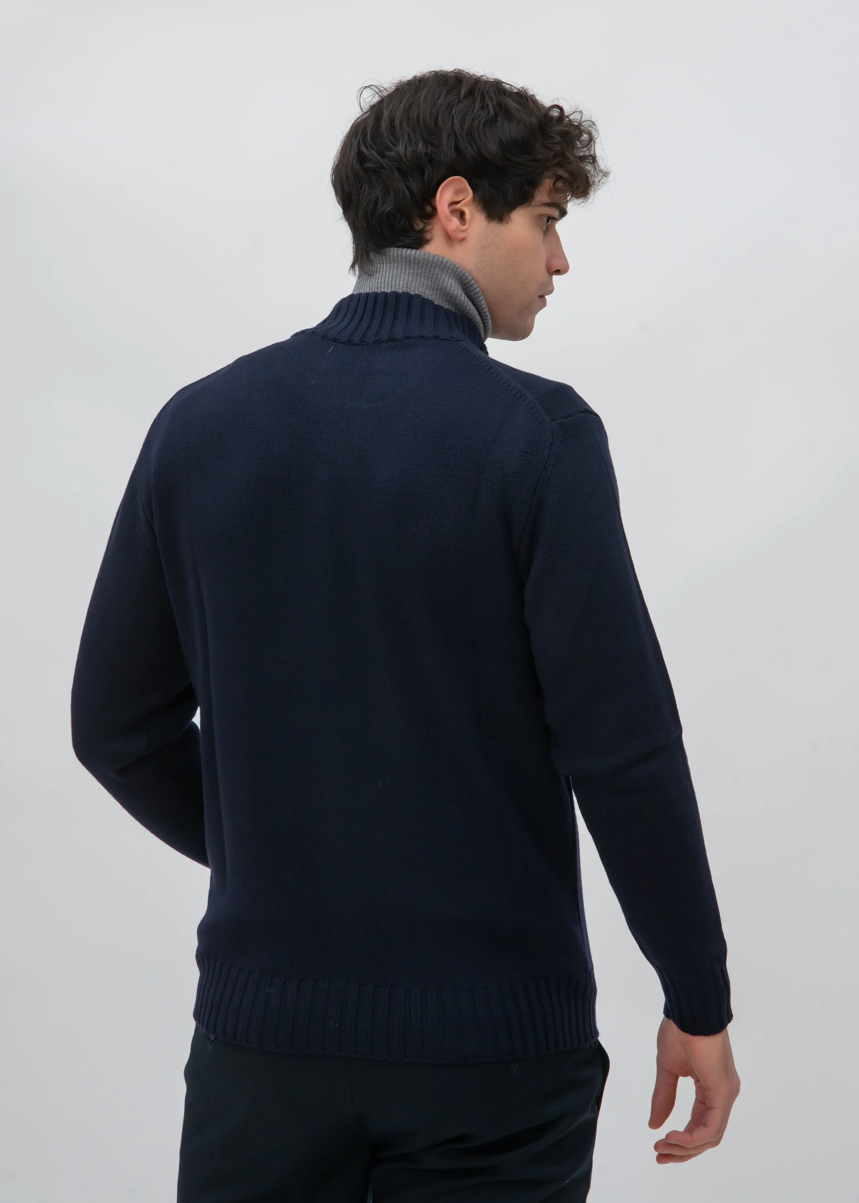 ZIP UP STOCKINETTE MOCKNECK WITH RIBBED DETAILS