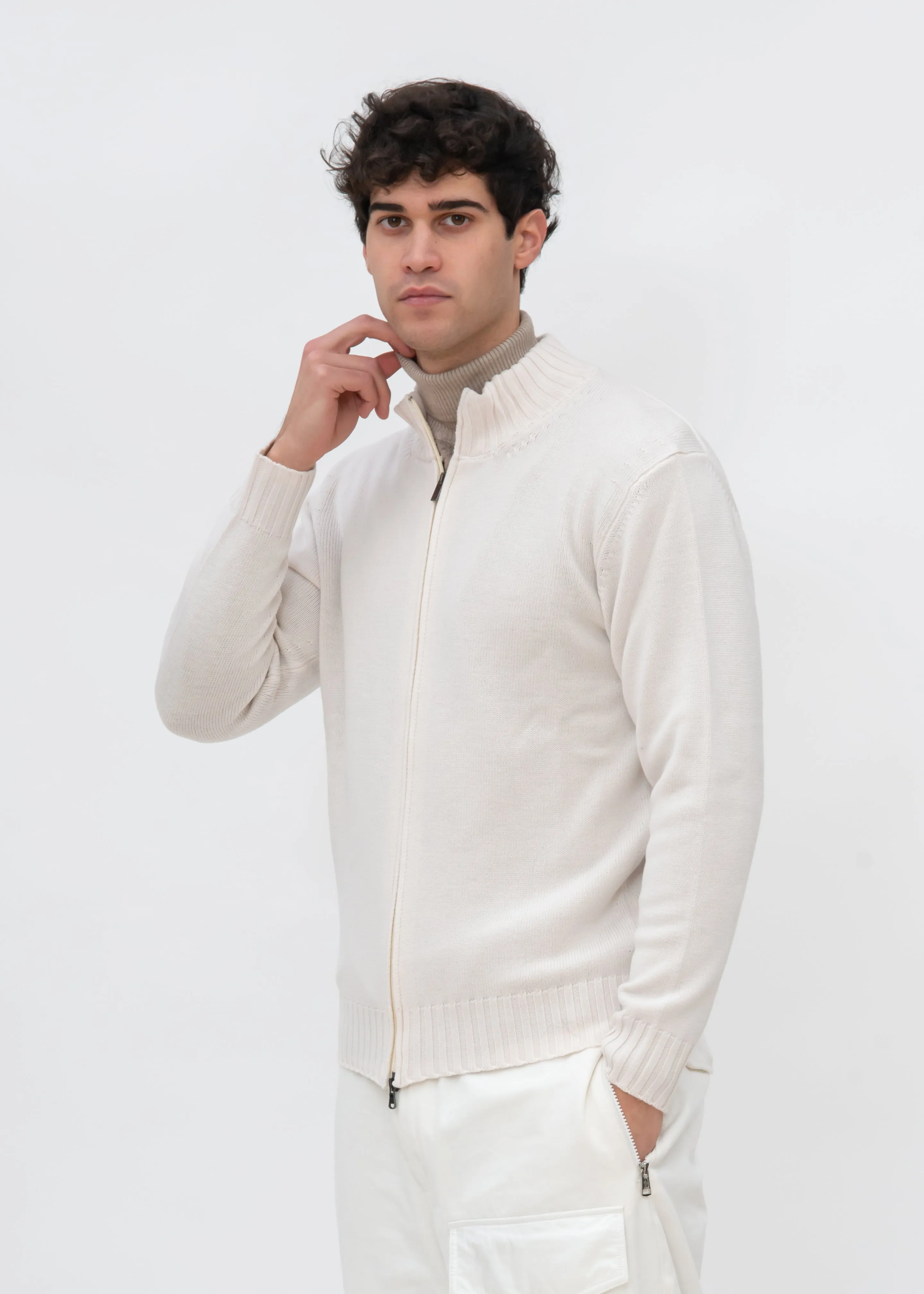 ZIP UP STOCKINETTE MOCKNECK WITH RIBBED DETAILS