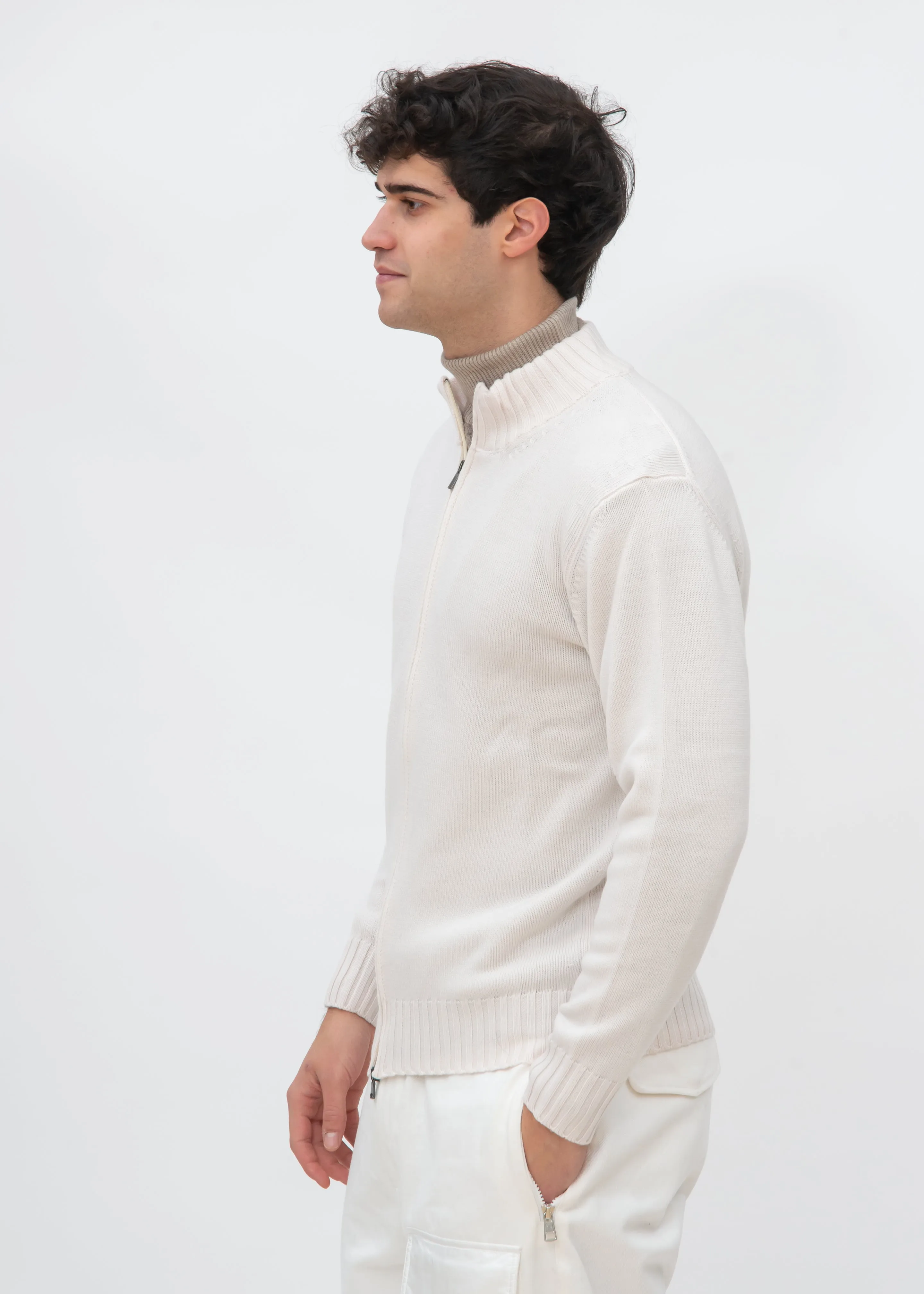 ZIP UP STOCKINETTE MOCKNECK WITH RIBBED DETAILS