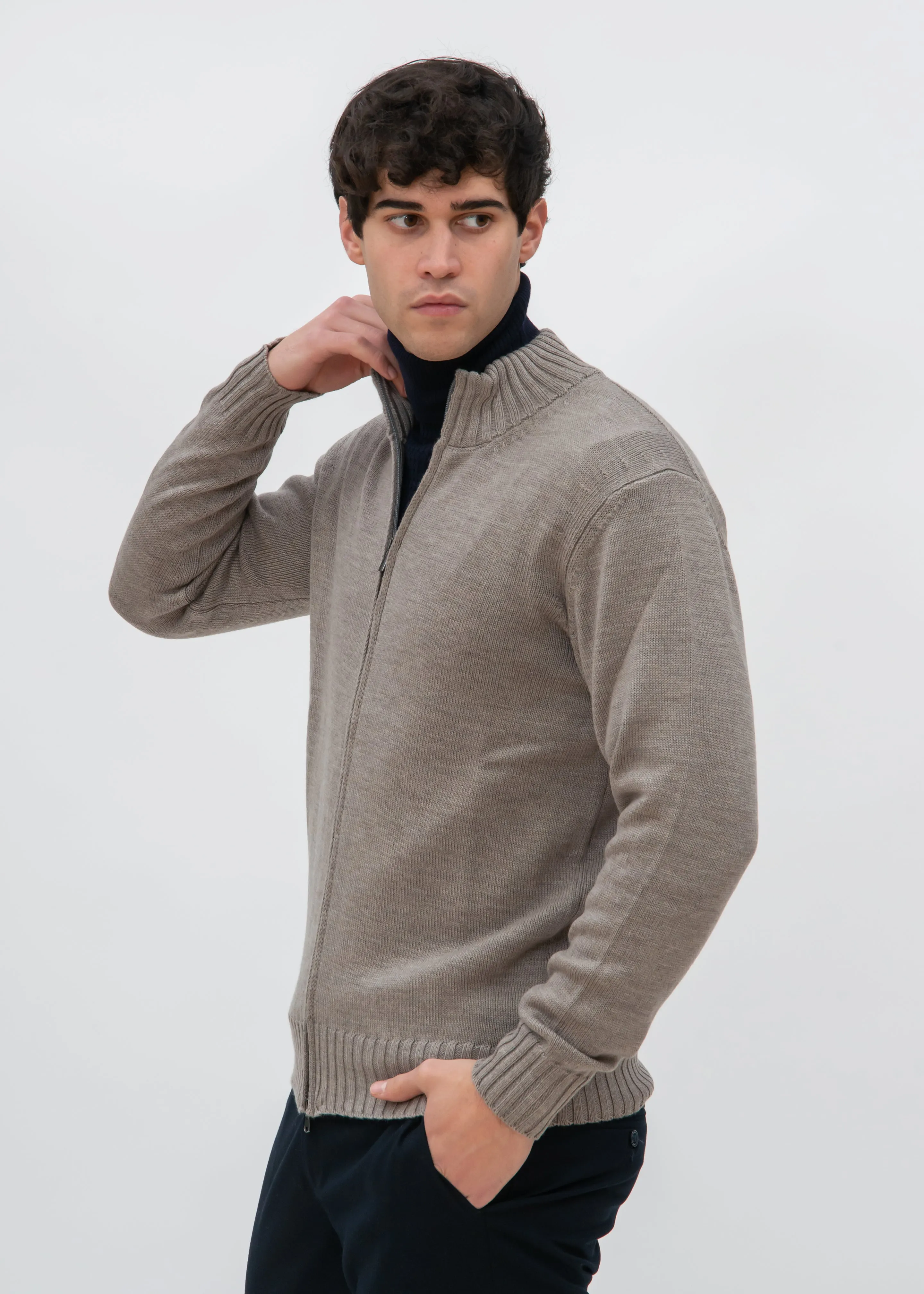 ZIP UP STOCKINETTE MOCKNECK WITH RIBBED DETAILS